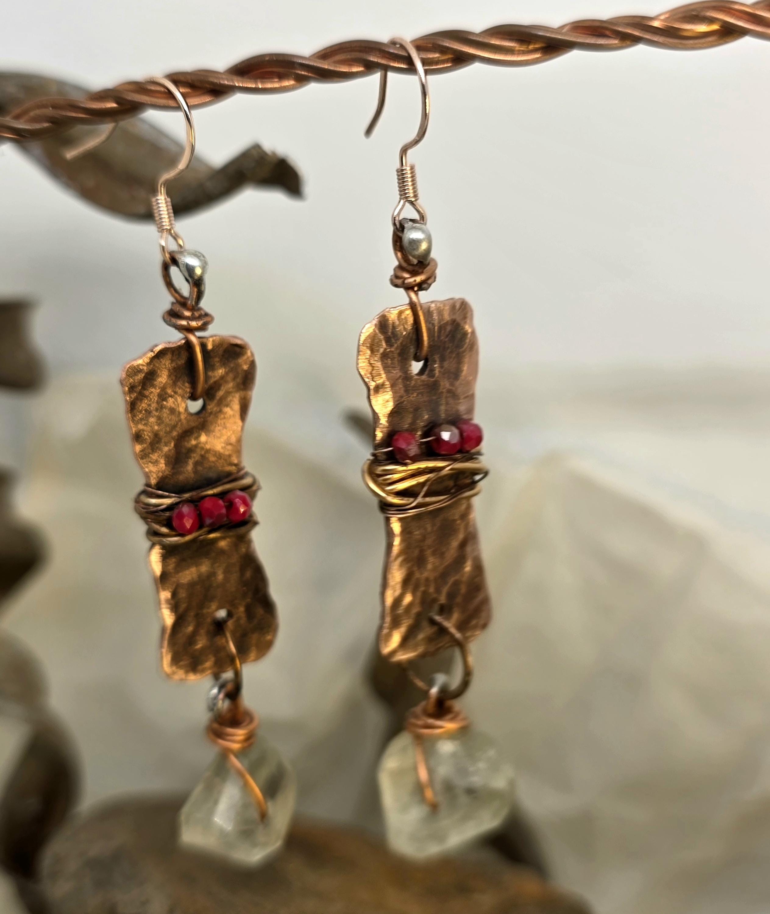 From Rust to Redemption Earrings | Hammered Copper & Prehnite Earrings with Red Accents | Rustic Boho Artisan Jewelry | Unbroken Collection