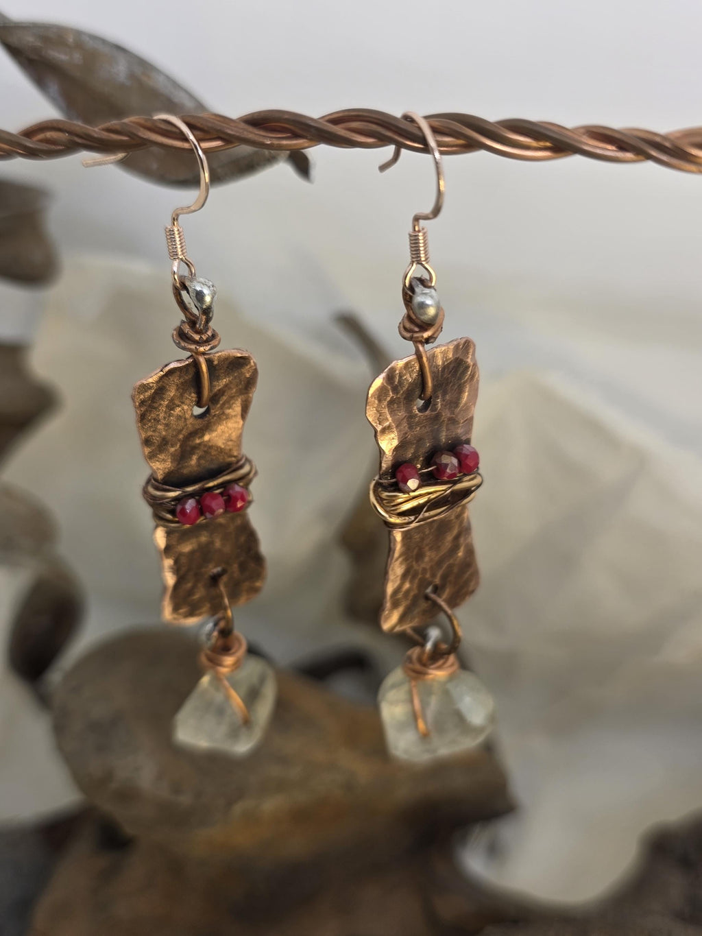 From Rust to Redemption Earrings | Hammered Copper & Prehnite Earrings with Red Accents | Rustic Boho Artisan Jewelry | Unbroken Collection