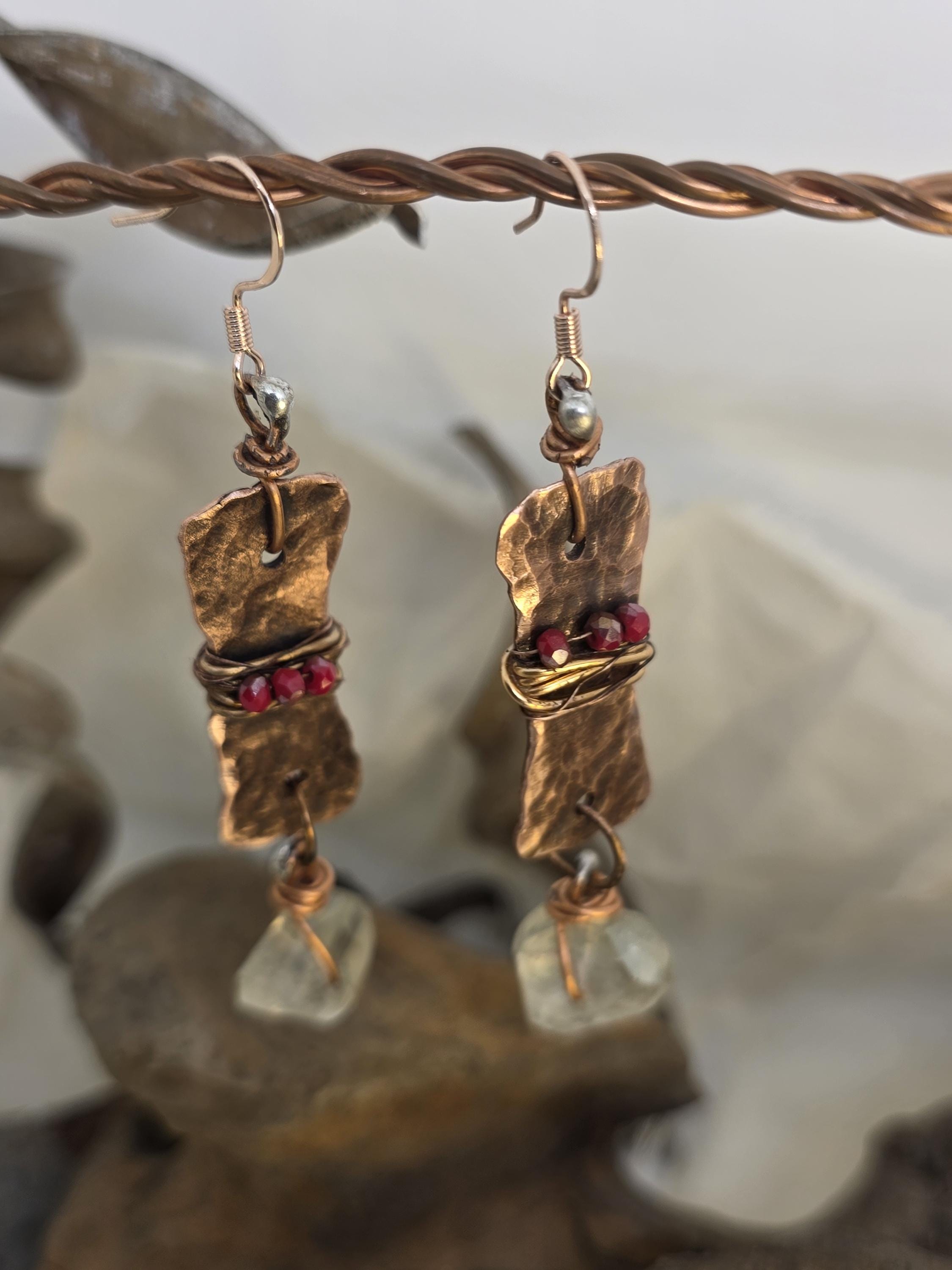 From Rust to Redemption Earrings | Hammered Copper & Prehnite Earrings with Red Accents | Rustic Boho Artisan Jewelry | Unbroken Collection