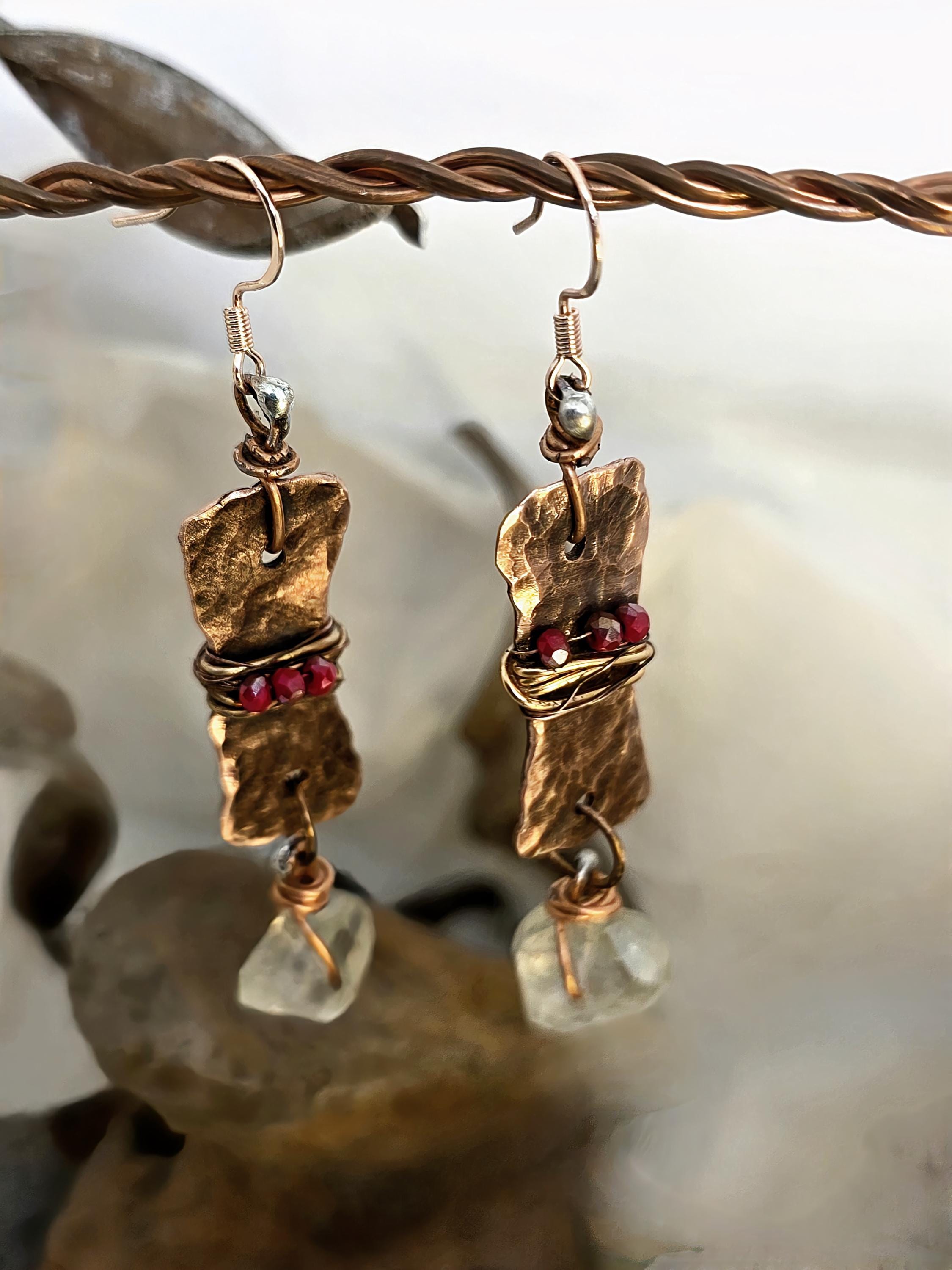 From Rust to Redemption Earrings | Hammered Copper & Prehnite Earrings with Red Accents | Rustic Boho Artisan Jewelry | Unbroken Collection