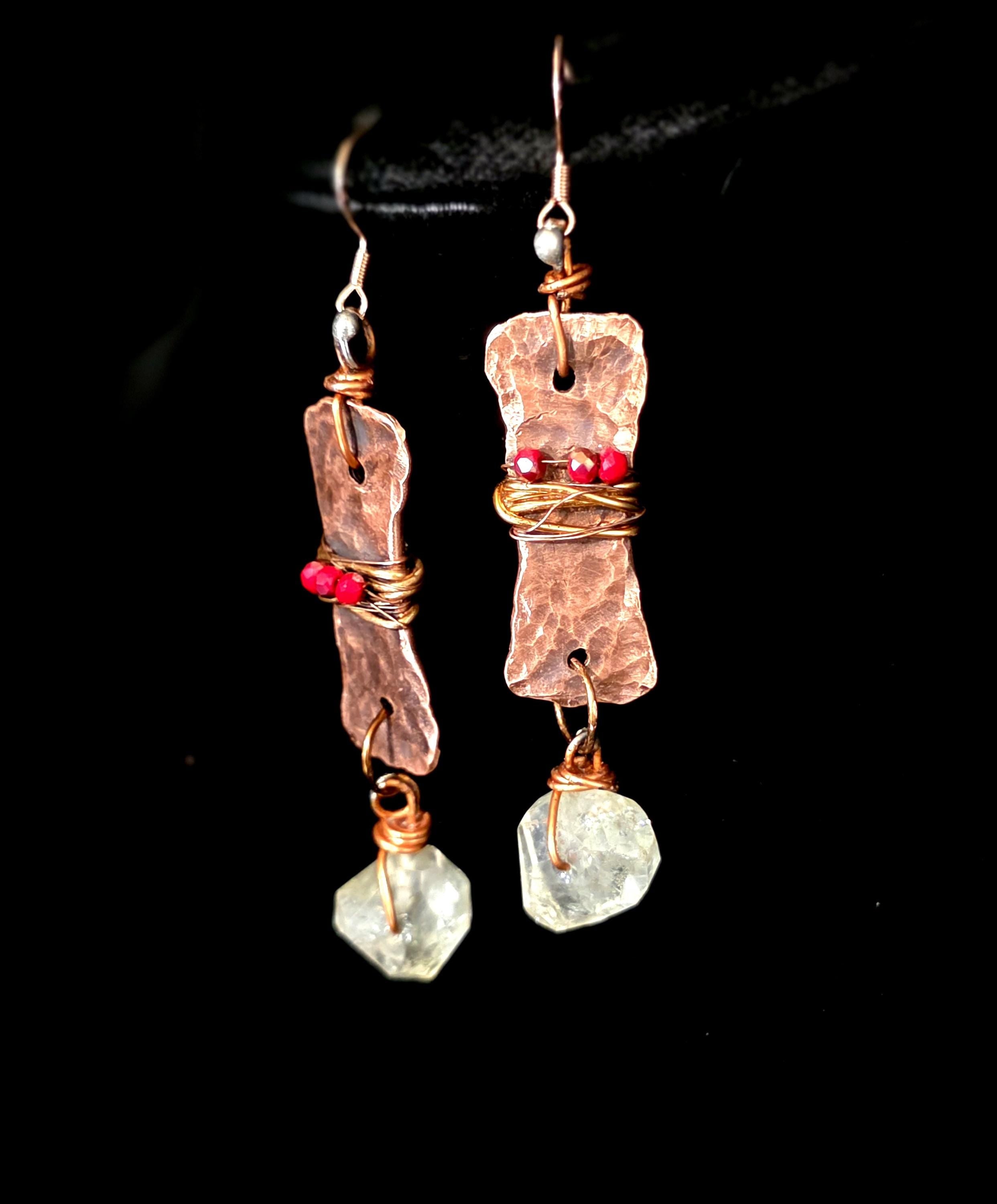 From Rust to Redemption Earrings | Hammered Copper & Prehnite Earrings with Red Accents | Rustic Boho Artisan Jewelry | Unbroken Collection