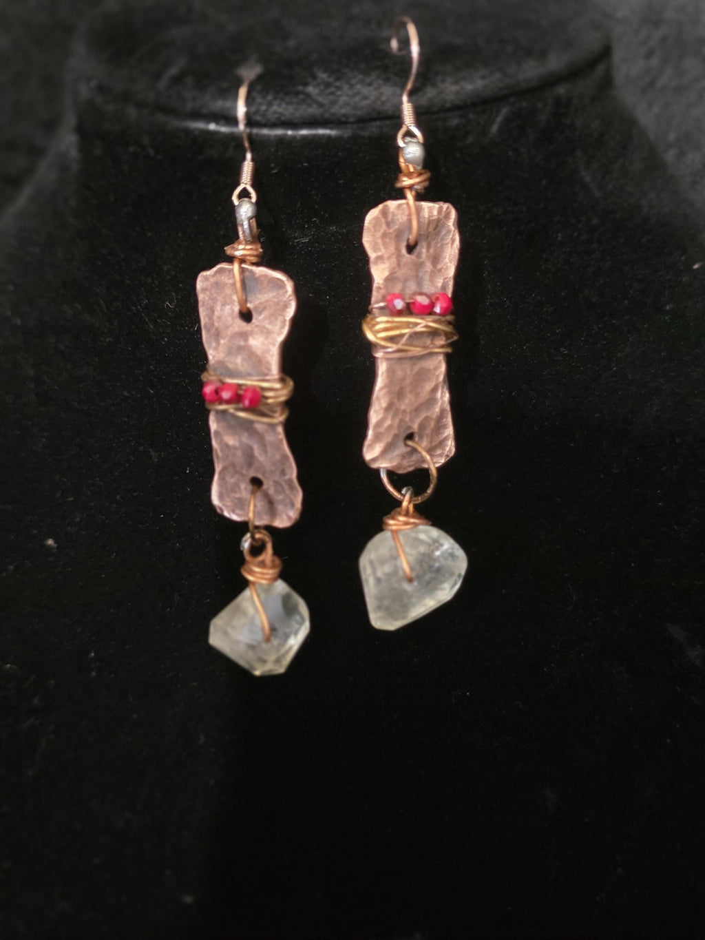 From Rust to Redemption Earrings | Hammered Copper & Prehnite Earrings with Red Accents | Rustic Boho Artisan Jewelry | Unbroken Collection