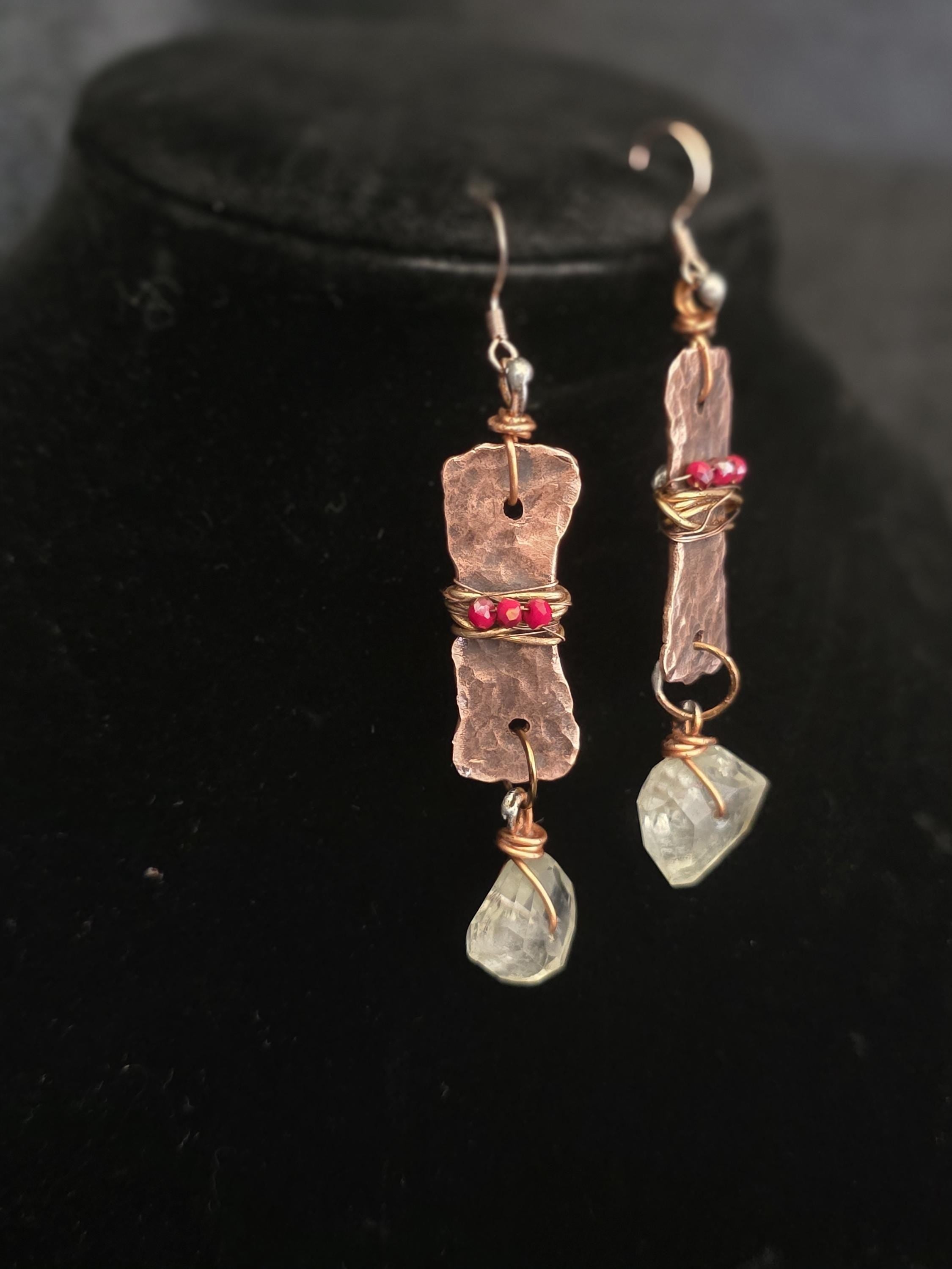 From Rust to Redemption Earrings | Hammered Copper & Prehnite Earrings with Red Accents | Rustic Boho Artisan Jewelry | Unbroken Collection