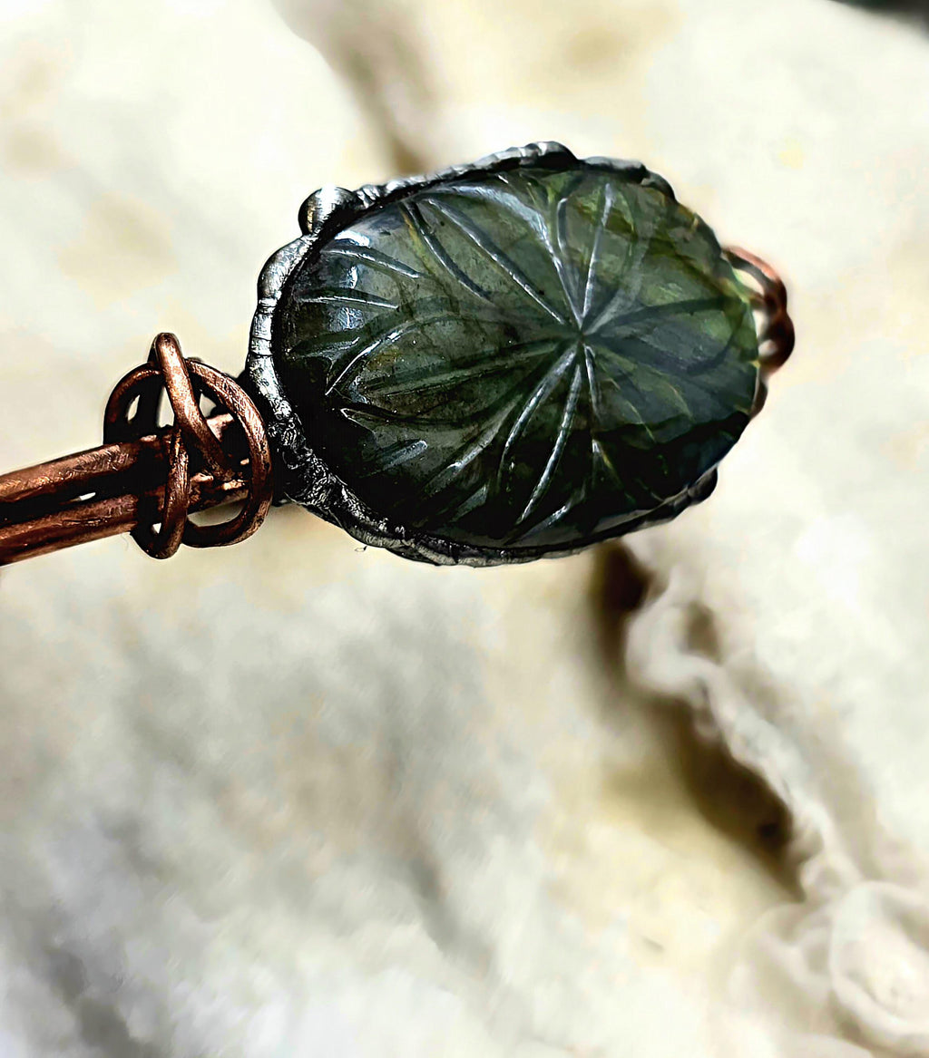 Carved Courage Cuff – Handcrafted Copper Bracelet with Carved Stone Centerpiece, Rustic Boho Cuff, Metalwork Jewelry-Unbroken Collection