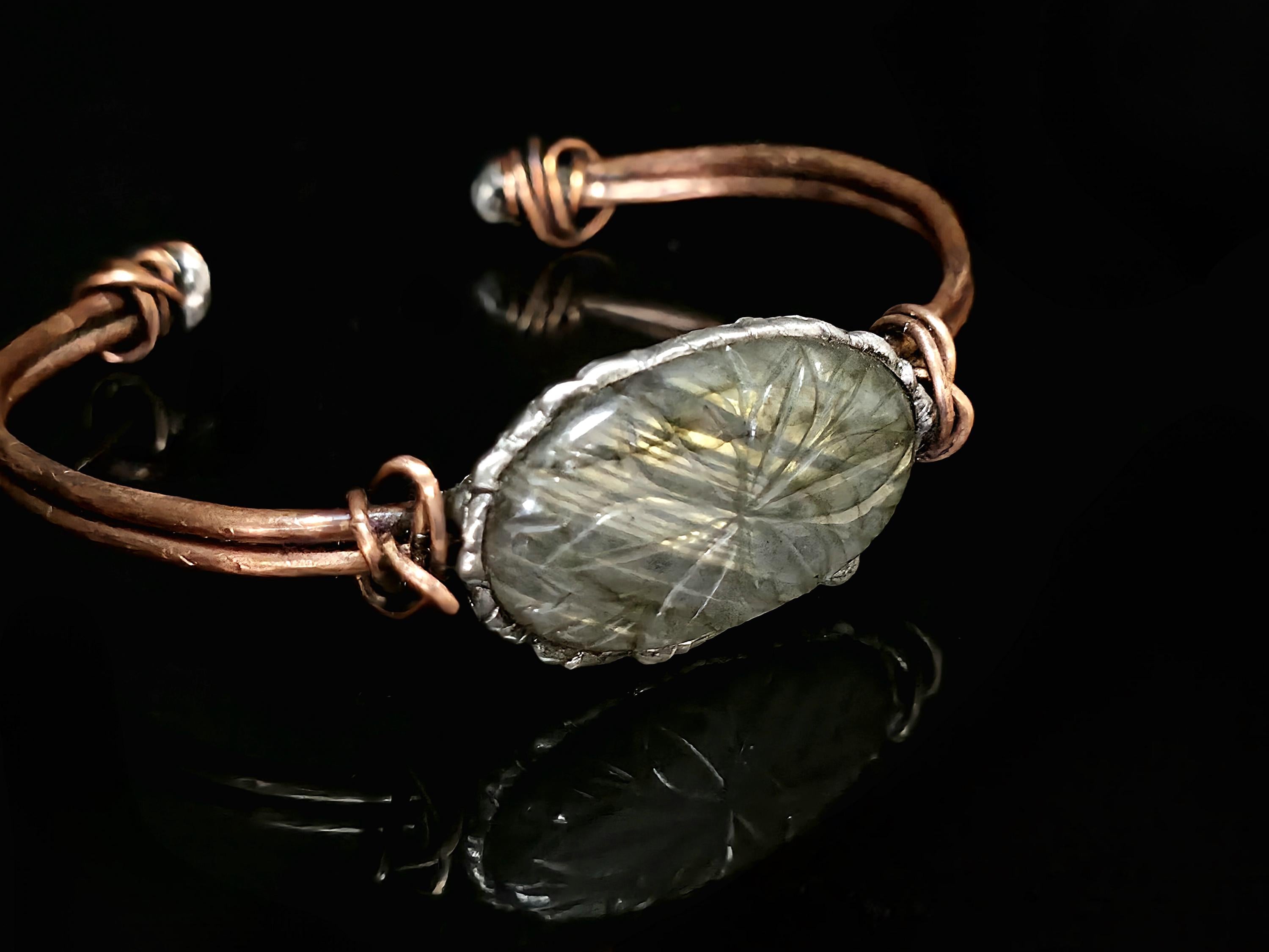 Carved Courage Cuff – Handcrafted Copper Bracelet with Carved Stone Centerpiece, Rustic Boho Cuff, Metalwork Jewelry-Unbroken Collection
