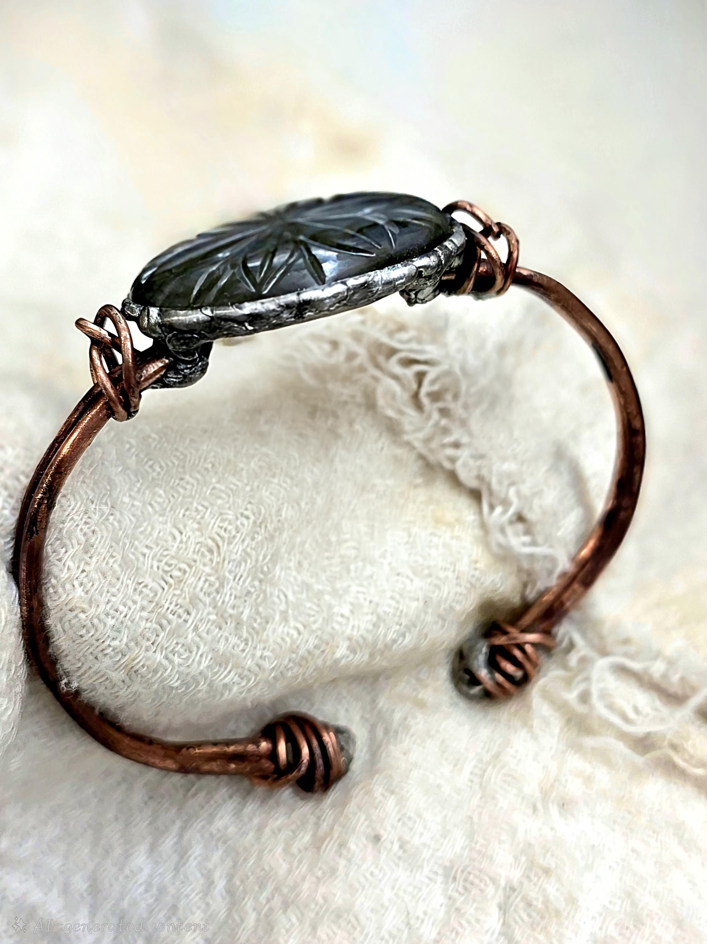 Carved Courage Cuff – Handcrafted Copper Bracelet with Carved Stone Centerpiece, Rustic Boho Cuff, Metalwork Jewelry-Unbroken Collection