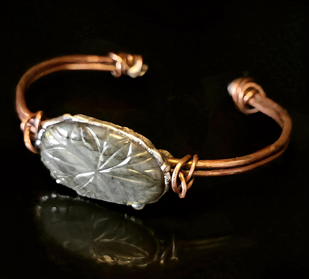 Carved Courage Cuff – Handcrafted Copper Bracelet with Carved Stone Centerpiece, Rustic Boho Cuff, Metalwork Jewelry-Unbroken Collection