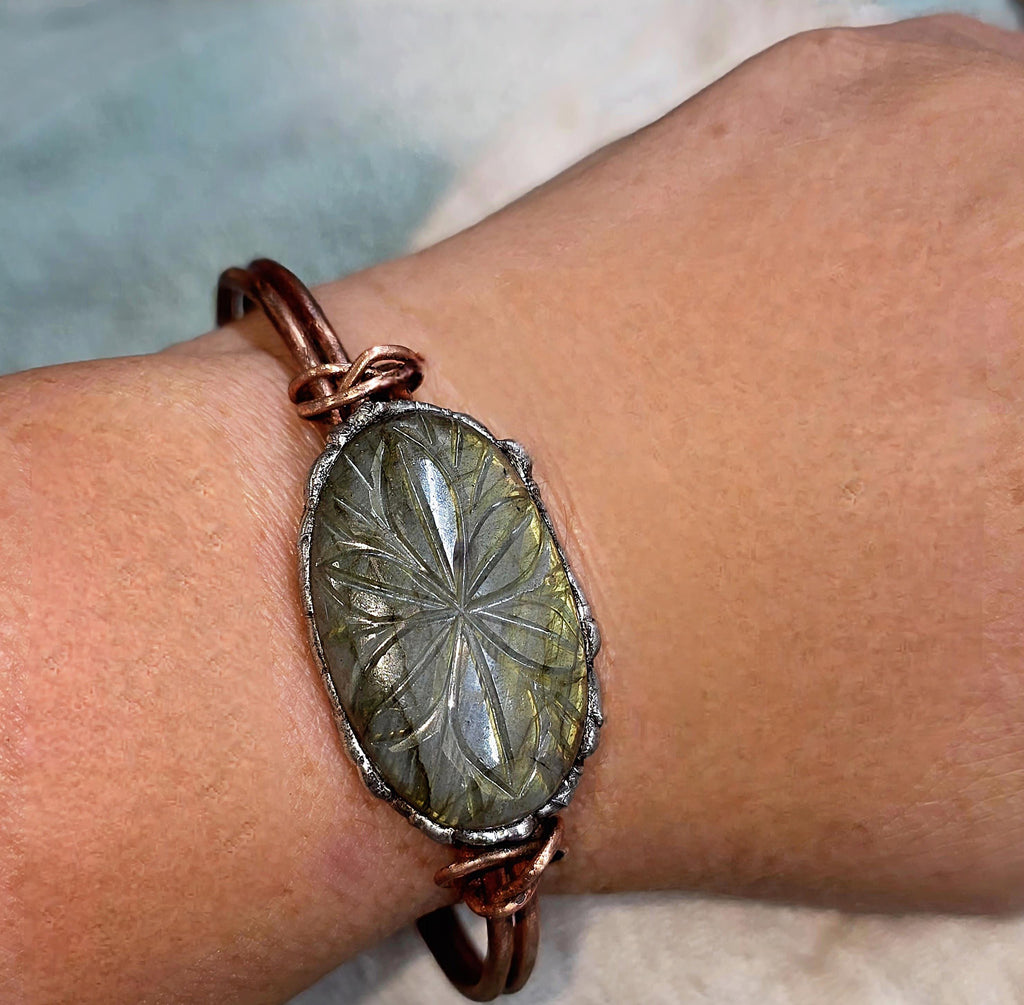 Carved Courage Cuff – Handcrafted Copper Bracelet with Carved Stone Centerpiece, Rustic Boho Cuff, Metalwork Jewelry-Unbroken Collection