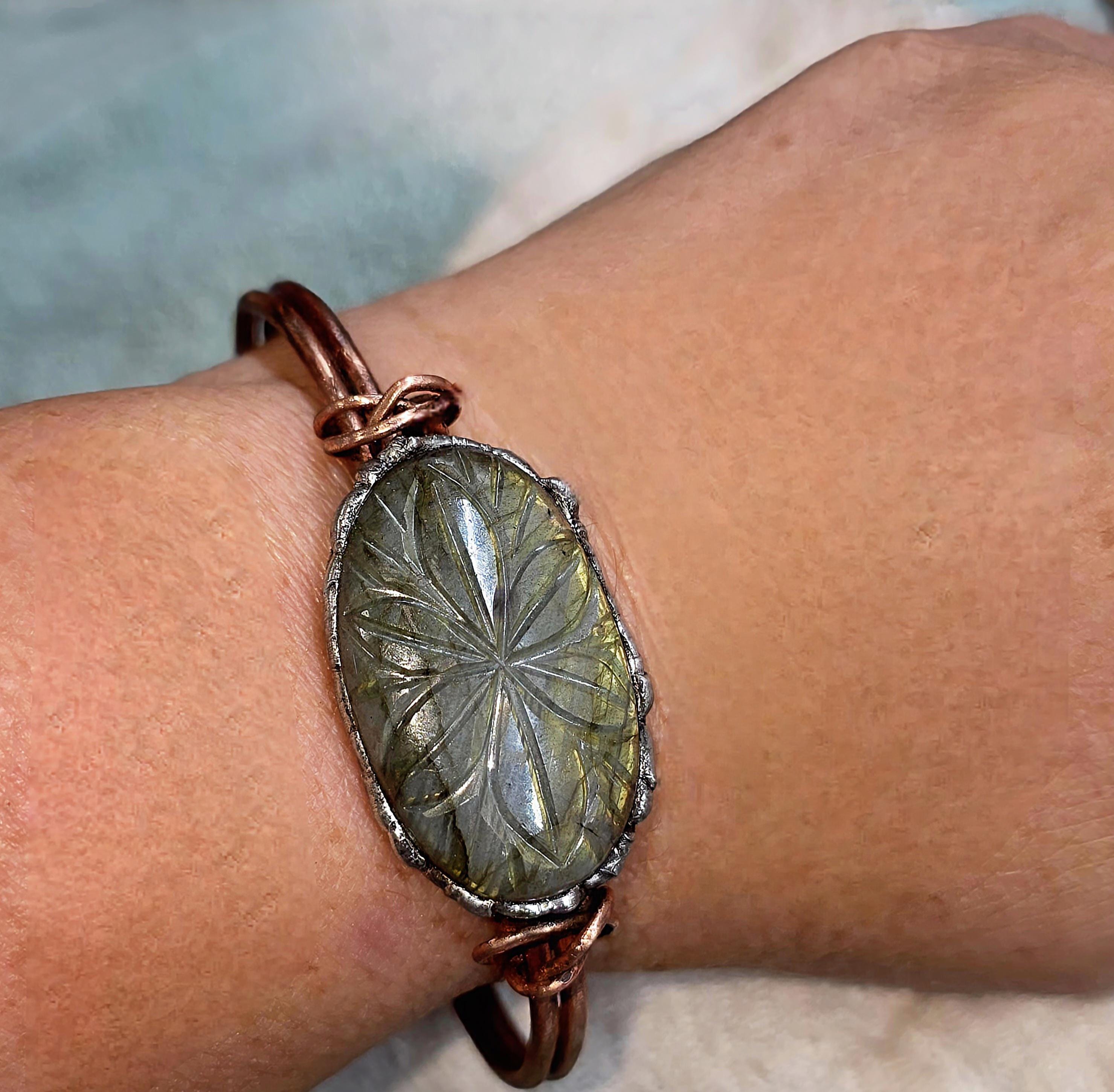 Carved Courage Cuff – Handcrafted Copper Bracelet with Carved Stone Centerpiece, Rustic Boho Cuff, Metalwork Jewelry-Unbroken Collection