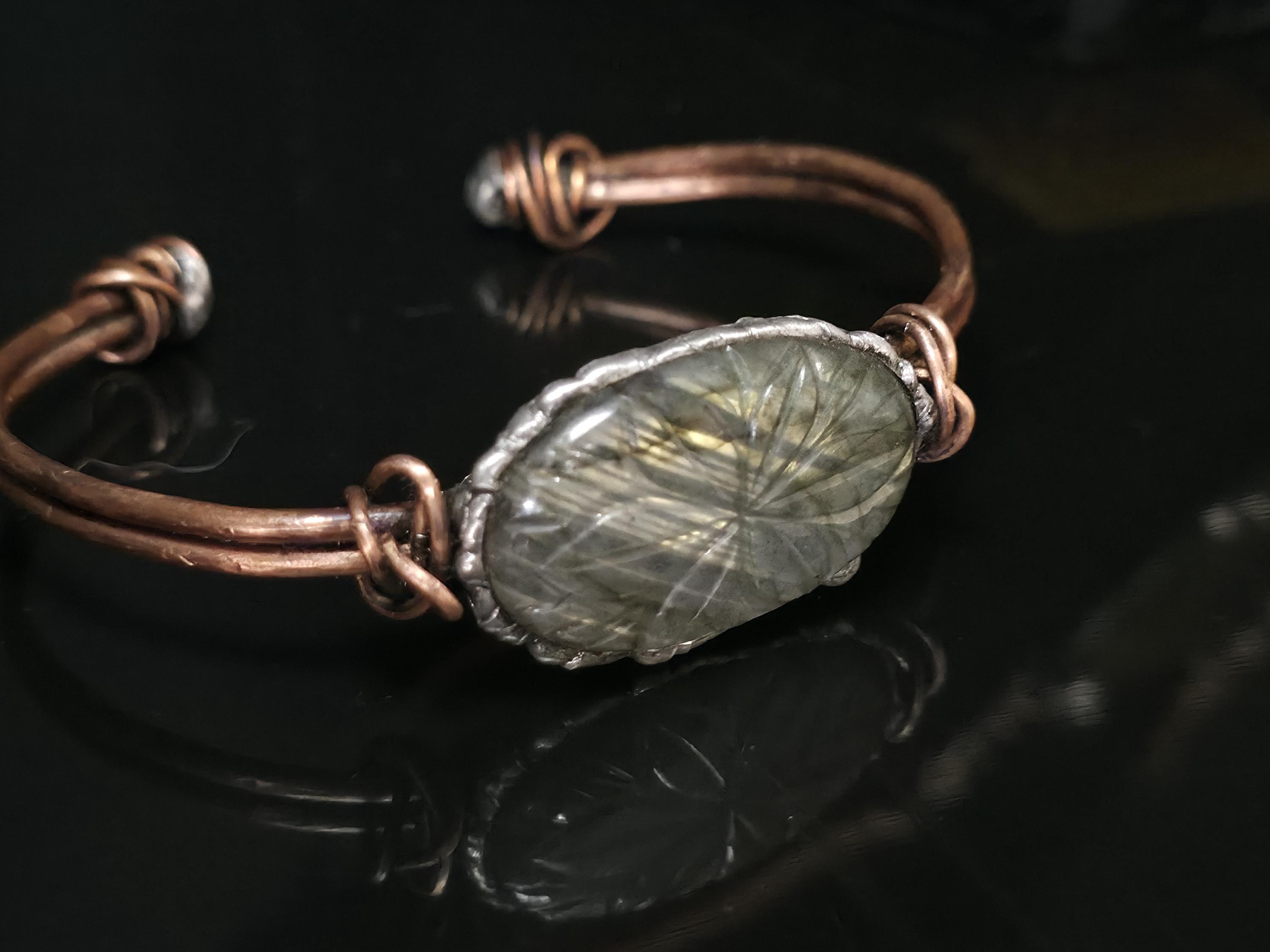 Carved Courage Cuff – Handcrafted Copper Bracelet with Carved Stone Centerpiece, Rustic Boho Cuff, Metalwork Jewelry-Unbroken Collection