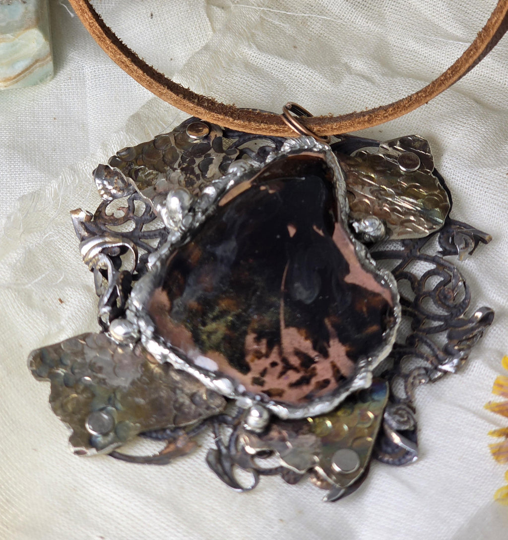 Wing of War – Copper Resin Pendant Necklace, UNBROKEN Trophy Shield, Raw Butterfly Wing Necklace, Handcrafted Rustic Jewelry, handmade