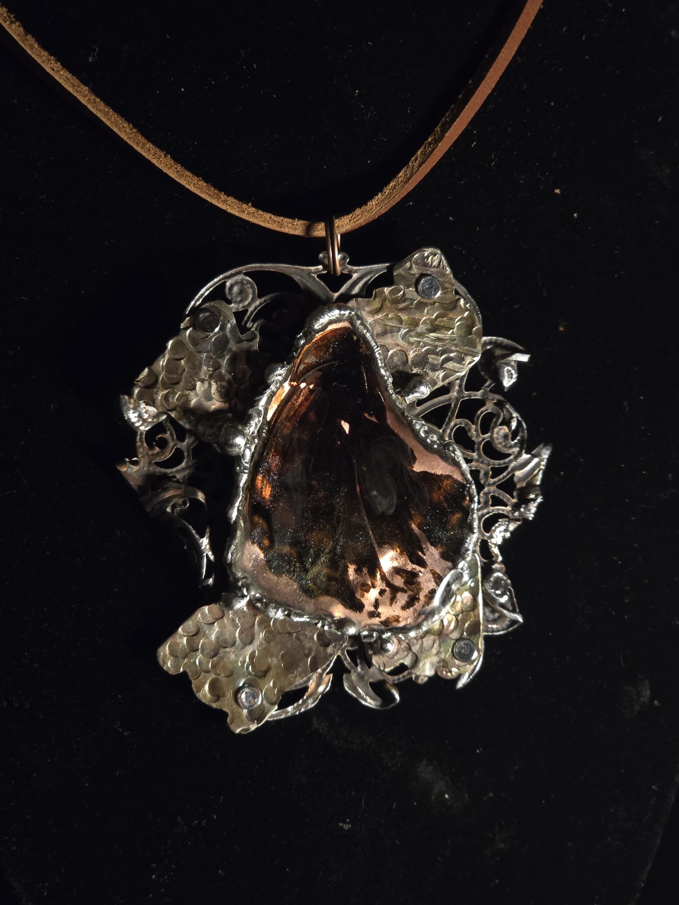 Wing of War – Copper Resin Pendant Necklace, UNBROKEN Trophy Shield, Raw Butterfly Wing Necklace, Handcrafted Rustic Jewelry, handmade