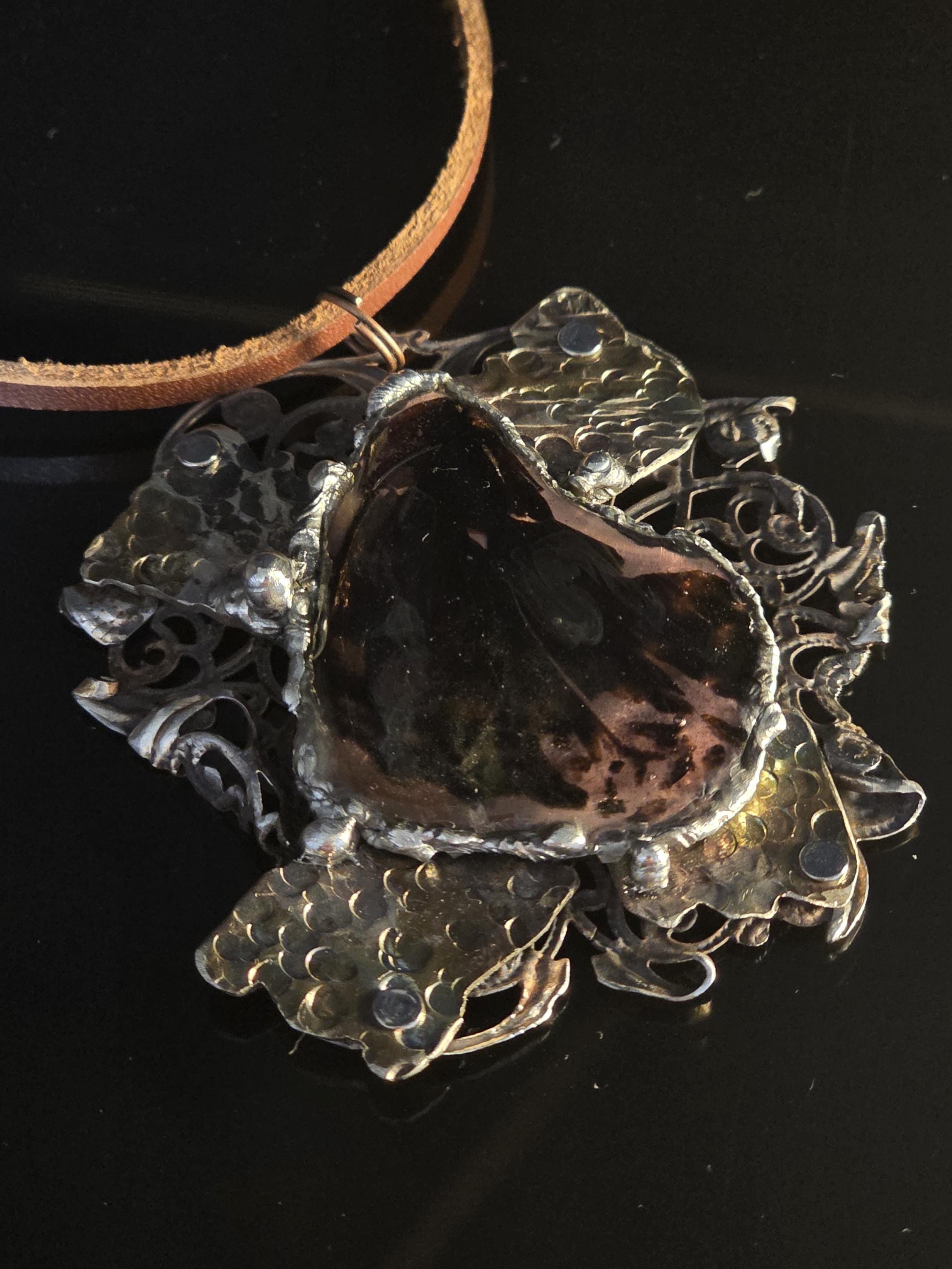 Wing of War – Copper Resin Pendant Necklace, UNBROKEN Trophy Shield, Raw Butterfly Wing Necklace, Handcrafted Rustic Jewelry, handmade