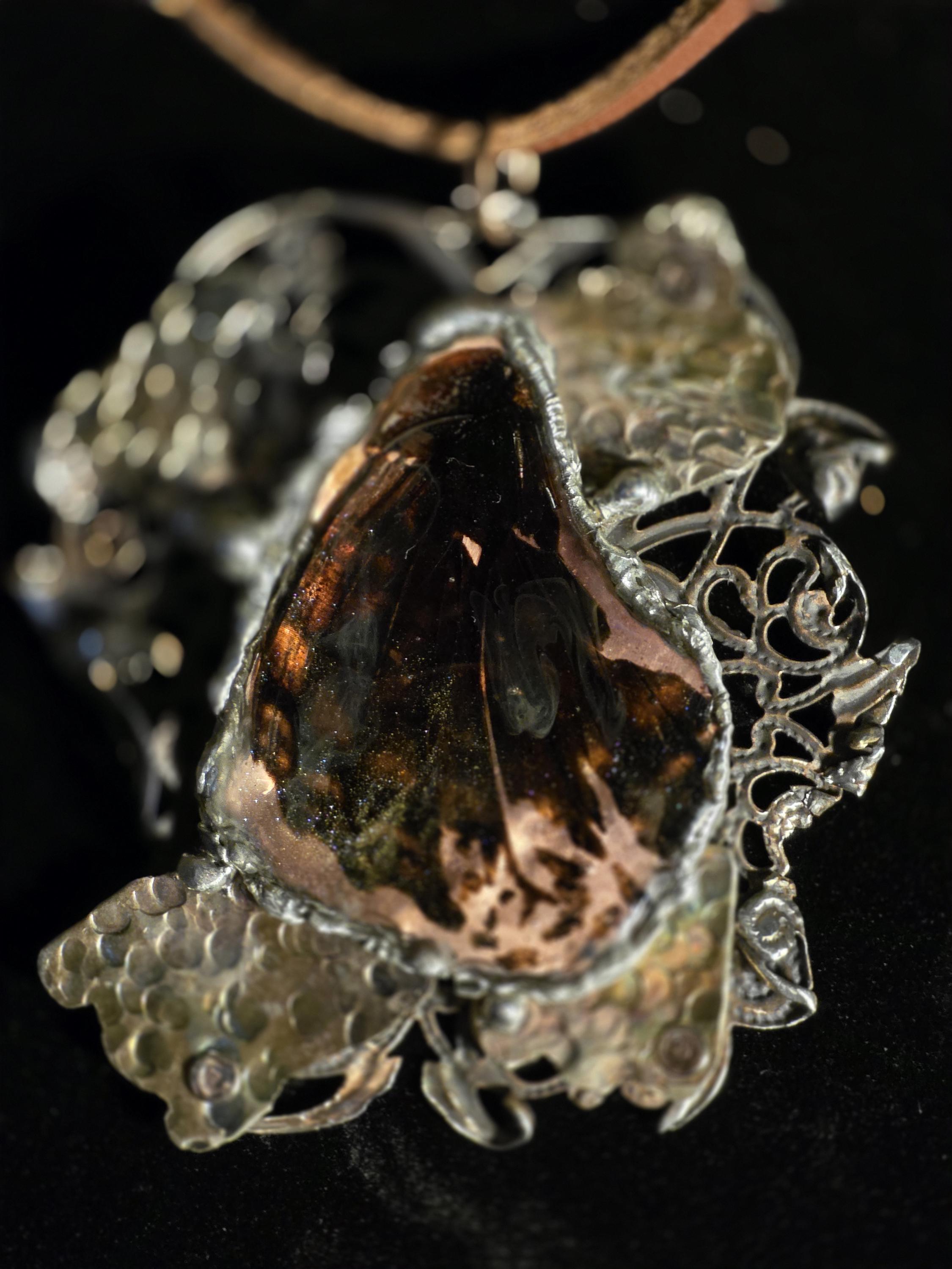 Wing of War – Copper Resin Pendant Necklace, UNBROKEN Trophy Shield, Raw Butterfly Wing Necklace, Handcrafted Rustic Jewelry, handmade