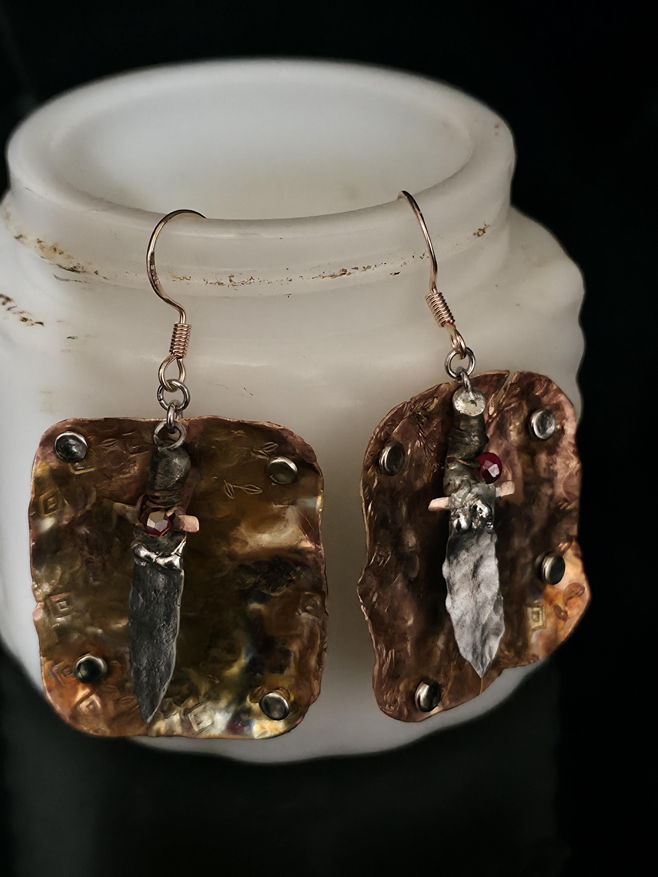 Shield and Blade, Handmade Earrings, Copper Earrings, Dagger Earrings, Shield Earrings, Statement Jewelry, Unique Earrings, Artisan Jewelry