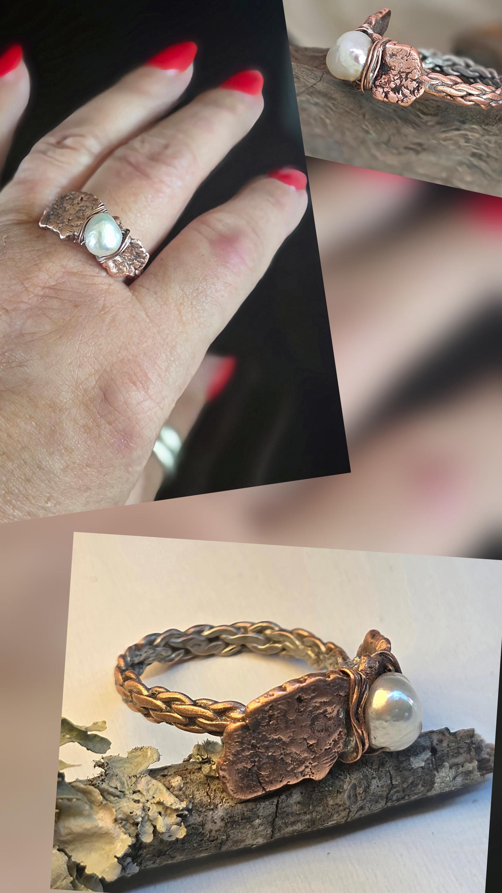 Bruises Formed the Pearl Ring – UNBROKEN Handcrafted Copper Pearl Ring, Survivor Jewelry, Hammered Rustic Statement Ring