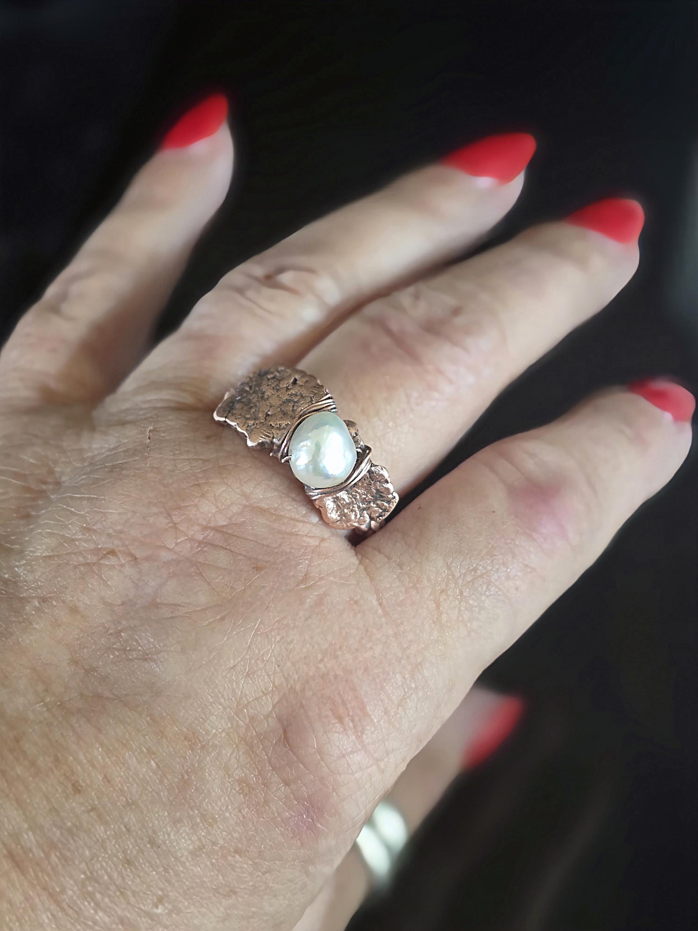 Bruises Formed the Pearl Ring – UNBROKEN Handcrafted Copper Pearl Ring, Survivor Jewelry, Hammered Rustic Statement Ring