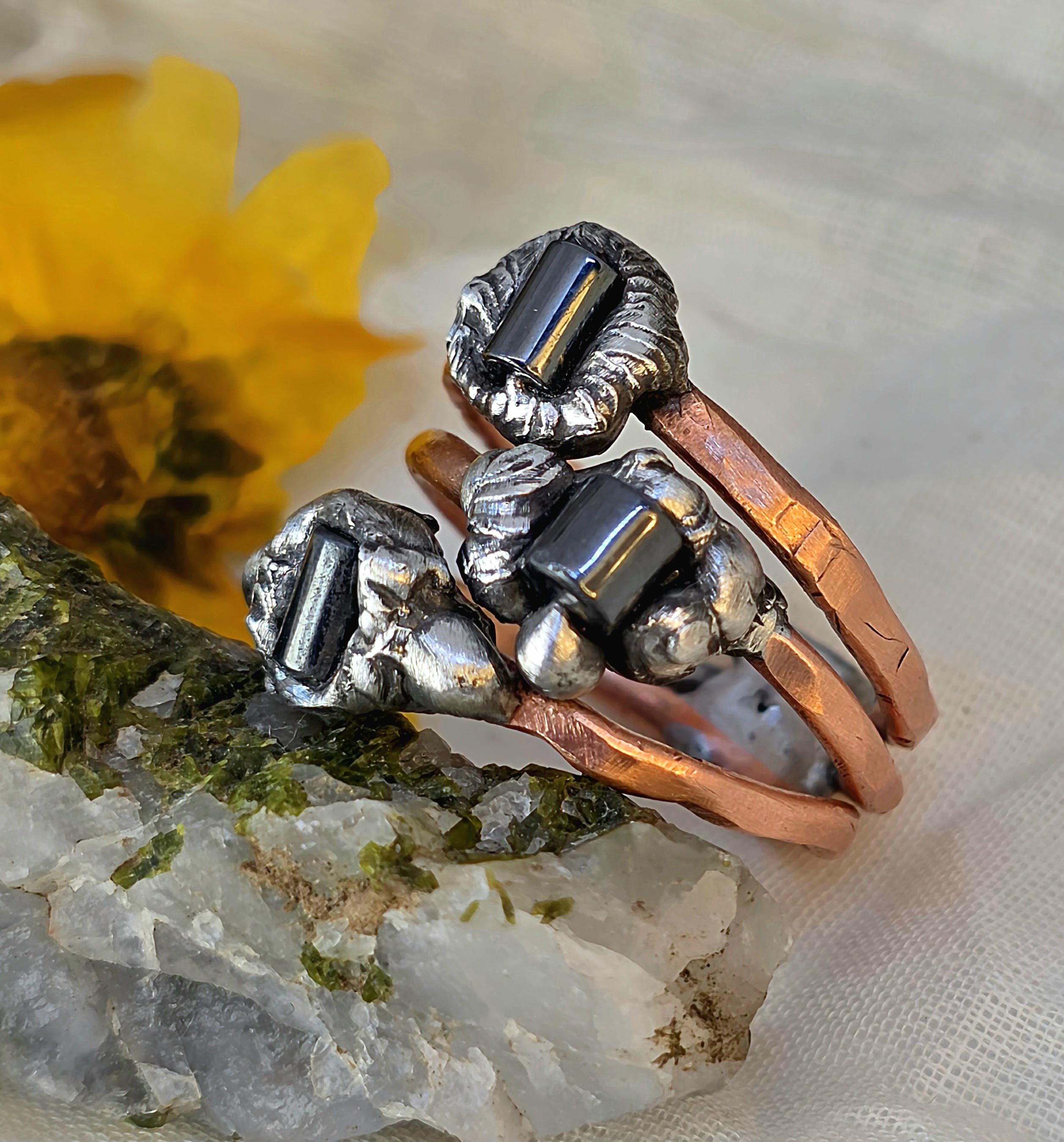 After the Hit Ring – UNBROKEN Handcrafted Copper Ring with Black Hematite, Survivor Statement Jewelry, Rustic Hammered Ring