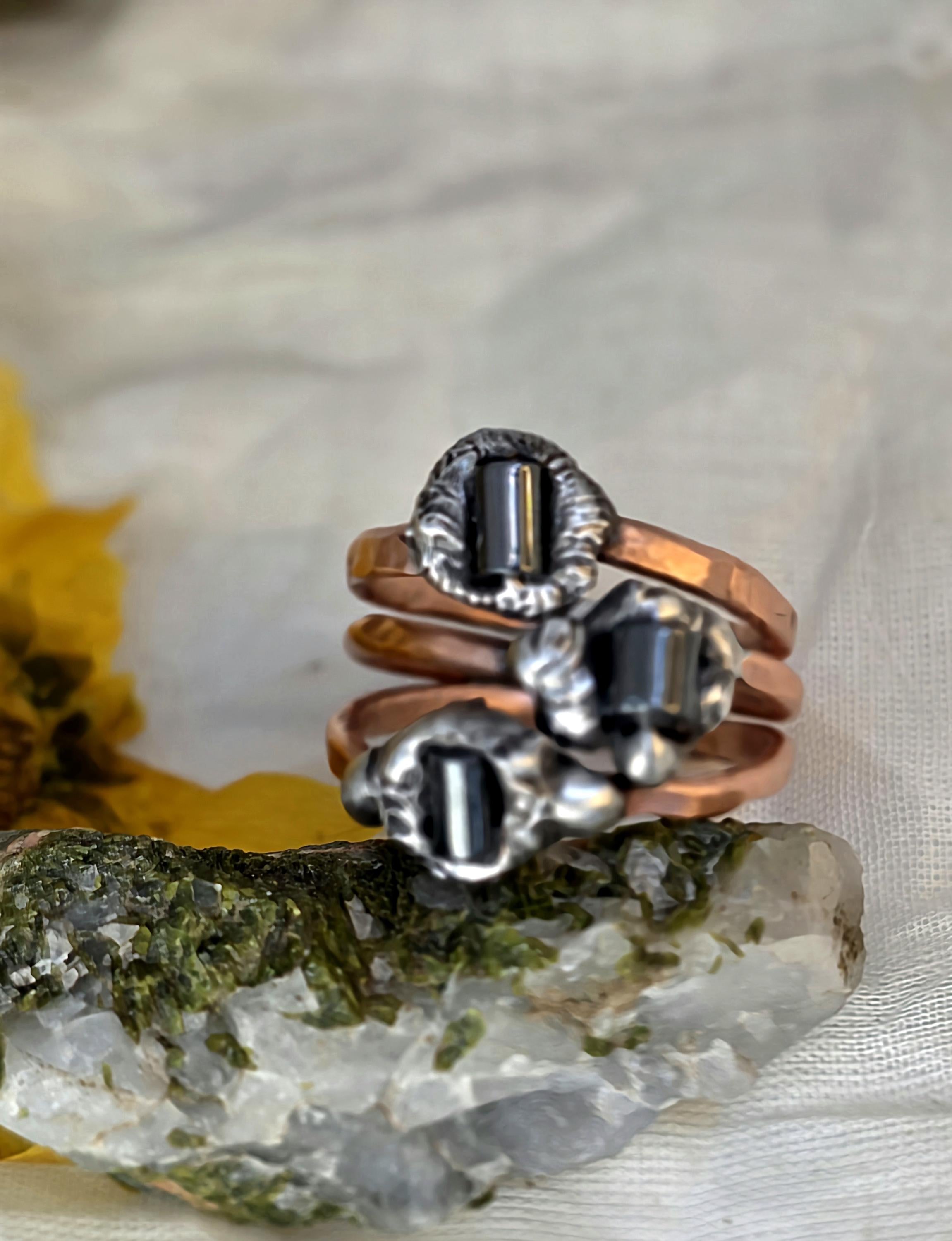 After the Hit Ring – UNBROKEN Handcrafted Copper Ring with Black Hematite, Survivor Statement Jewelry, Rustic Hammered Ring