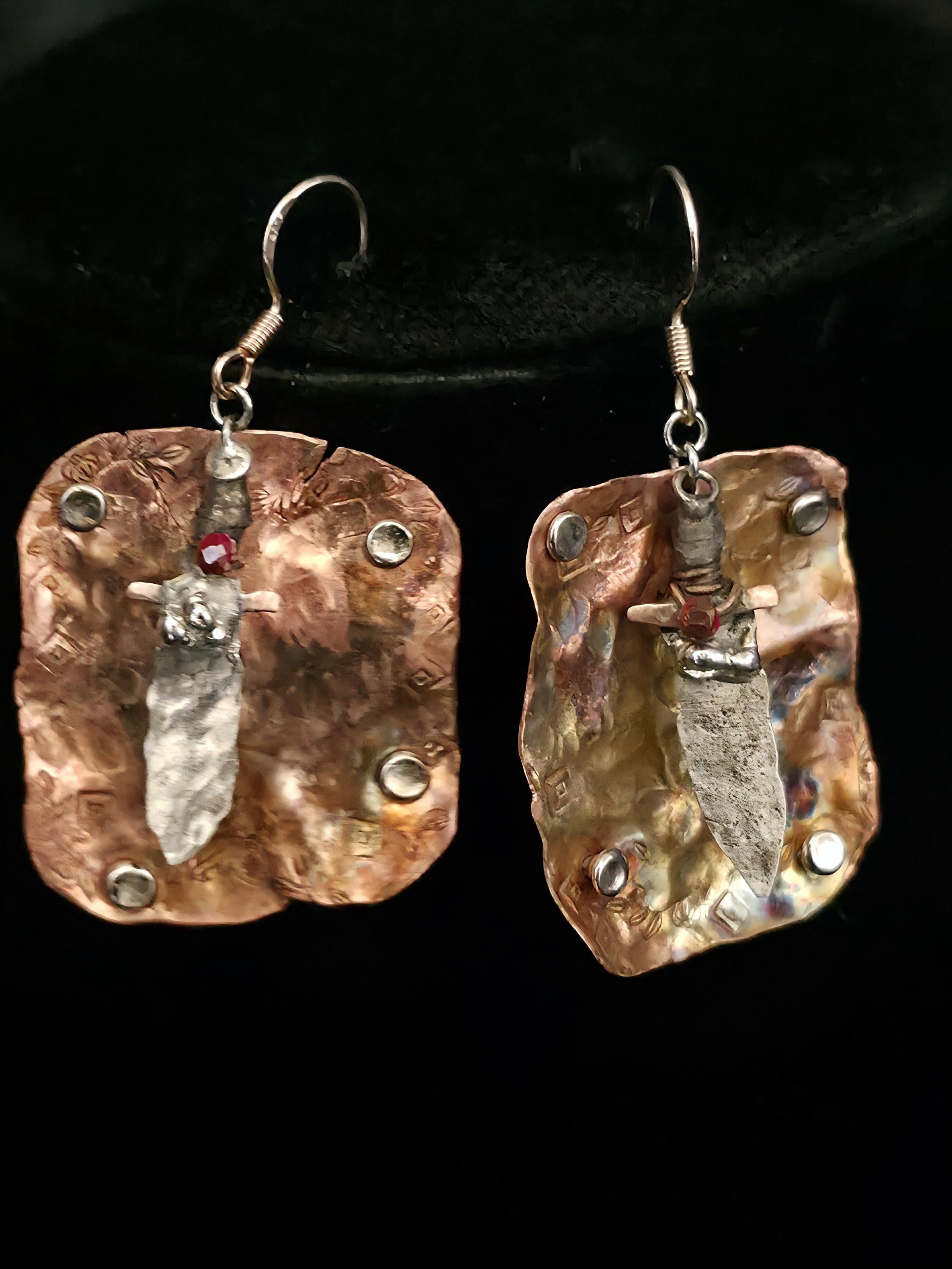 Shield and Blade, Handmade Earrings, Copper Earrings, Dagger Earrings, Shield Earrings, Statement Jewelry, Unique Earrings, Artisan Jewelry