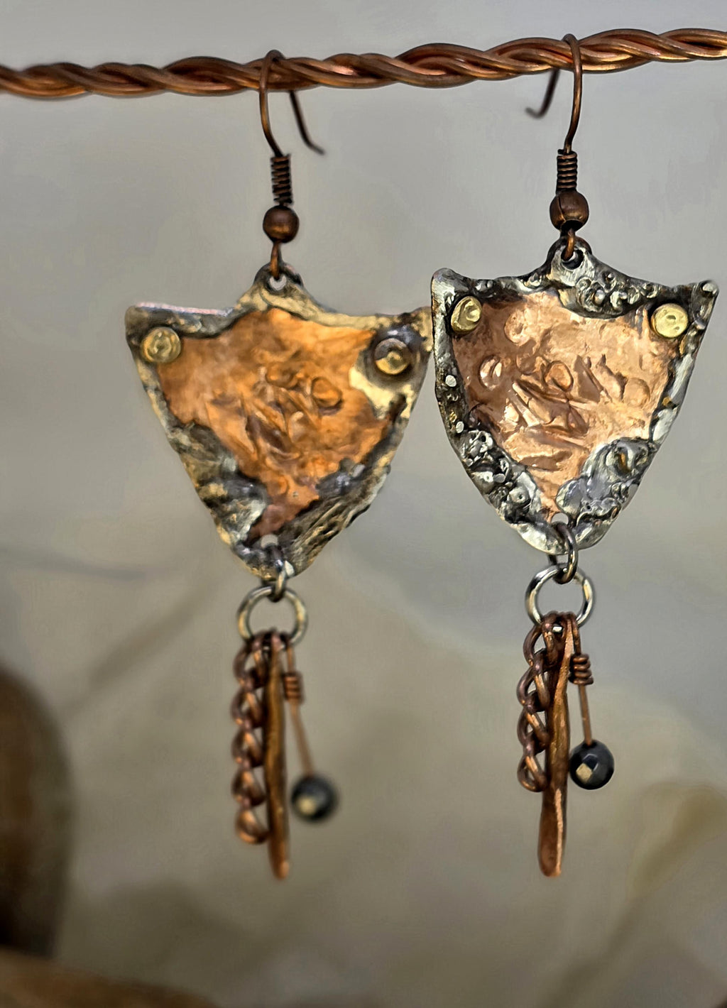 Shielded Chained Earrings – UNBROKEN Hammered Copper Shield Dangles with Chain & Hematite, Rustic Boho Warrior Earrings, Statement Jewelry