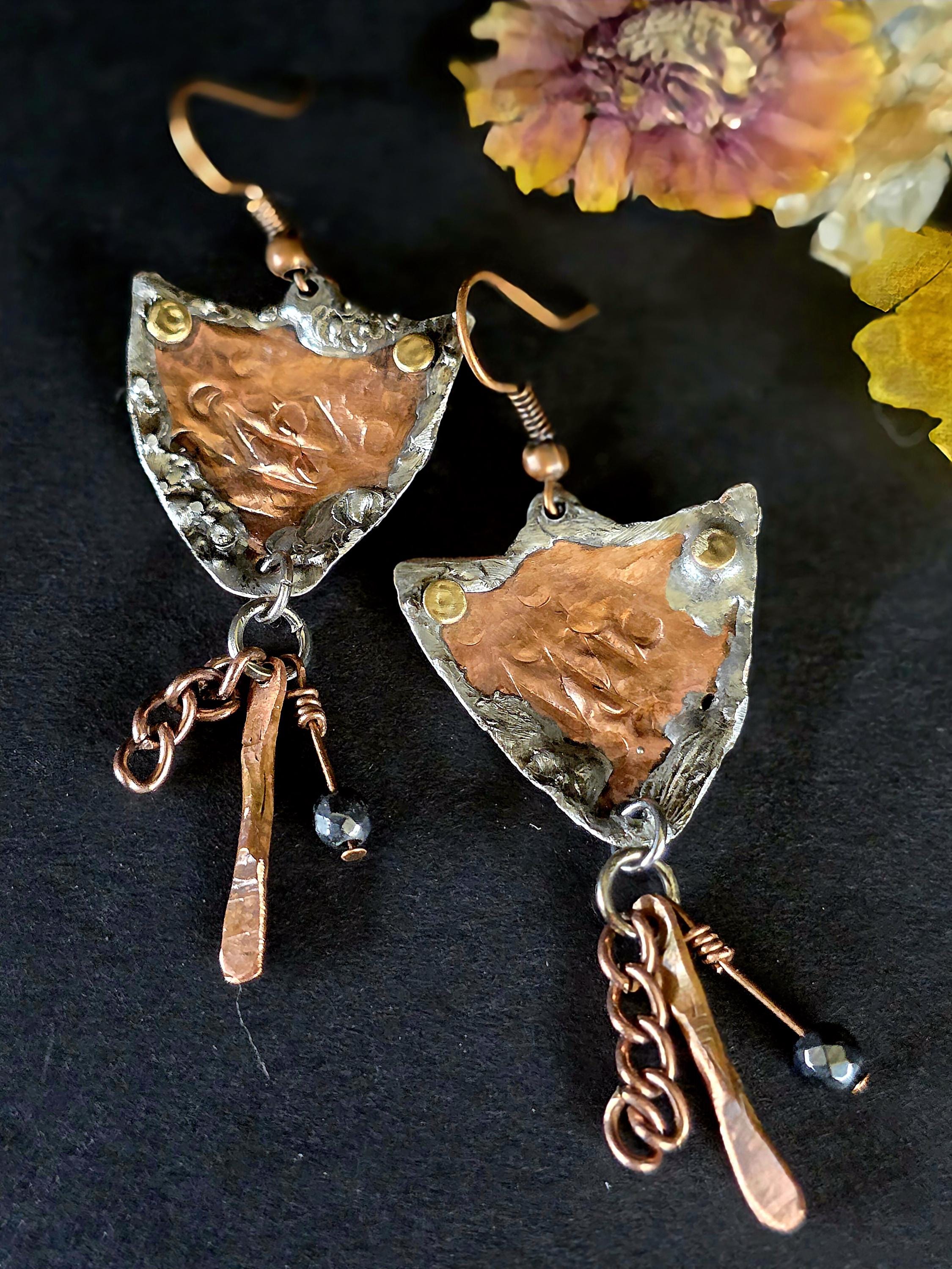 Shielded Chained Earrings – UNBROKEN Hammered Copper Shield Dangles with Chain & Hematite, Rustic Boho Warrior Earrings, Statement Jewelry
