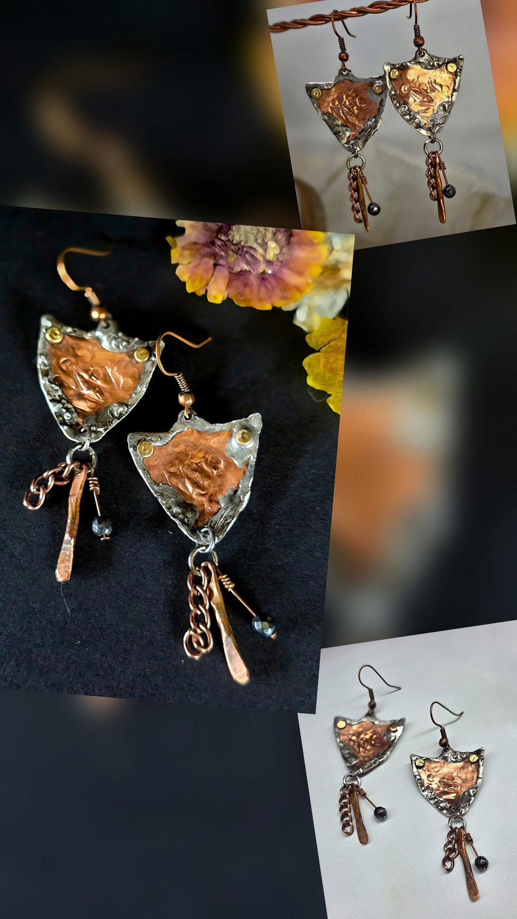 Shielded Chained Earrings – UNBROKEN Hammered Copper Shield Dangles with Chain & Hematite, Rustic Boho Warrior Earrings, Statement Jewelry