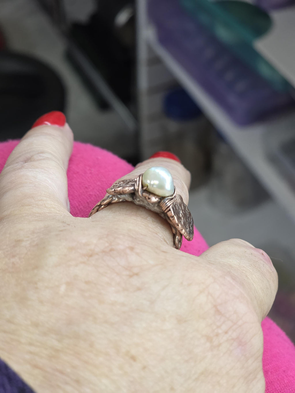 Bruises Formed the Pearl Ring – UNBROKEN Handcrafted Copper Pearl Ring, Survivor Jewelry, Hammered Rustic Statement Ring