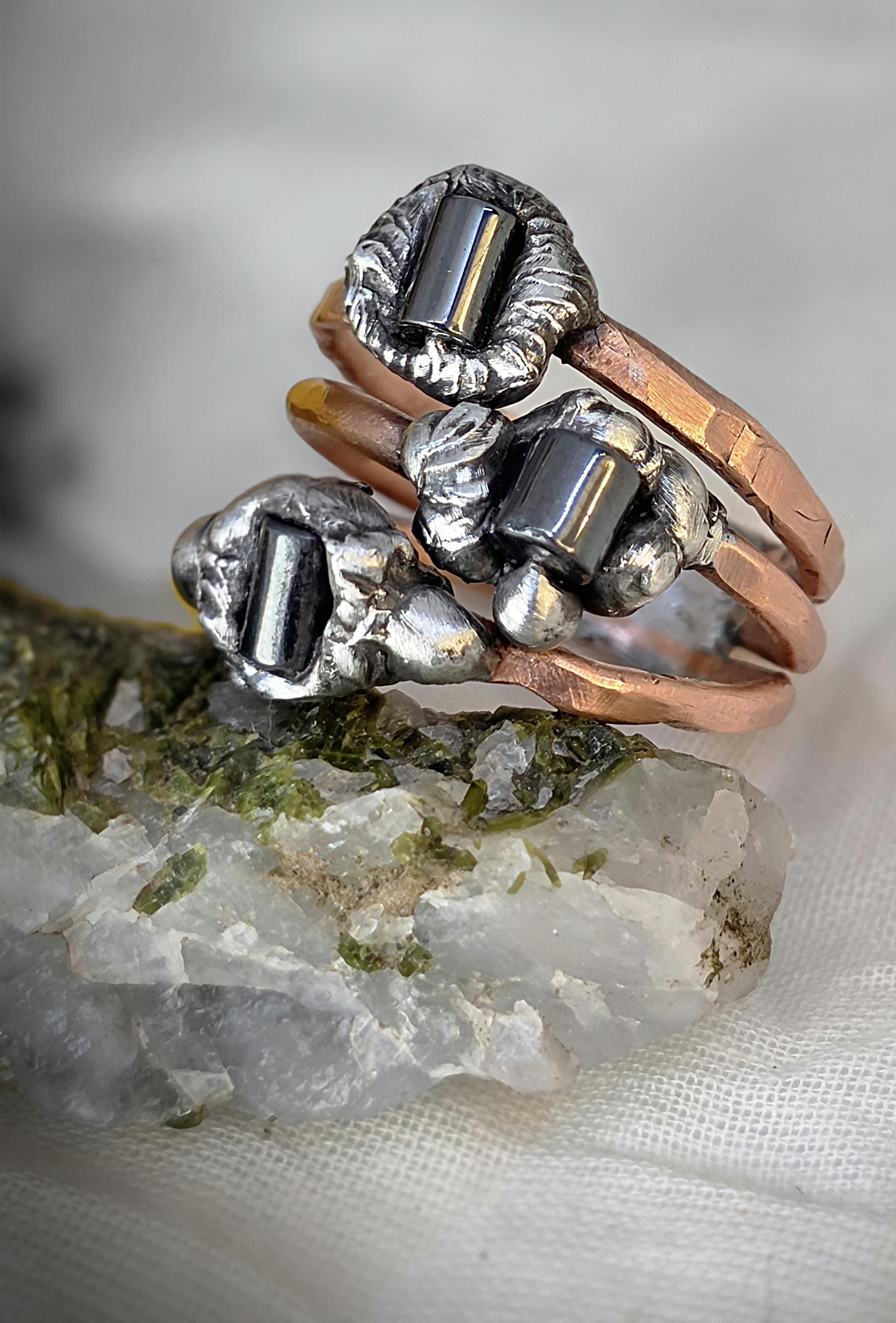 After the Hit Ring – UNBROKEN Handcrafted Copper Ring with Black Hematite, Survivor Statement Jewelry, Rustic Hammered Ring