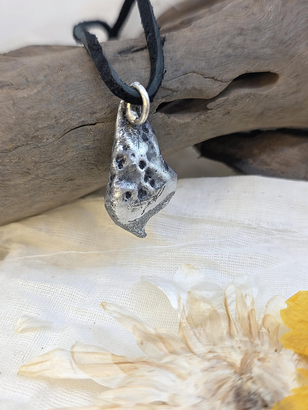 The Warrior’s Tear Pendant – UNBROKEN Kaua’i Aluminum Relic Necklace, Handmade Men’s Warrior Jewelry, Leather Cord, Hematite Closure