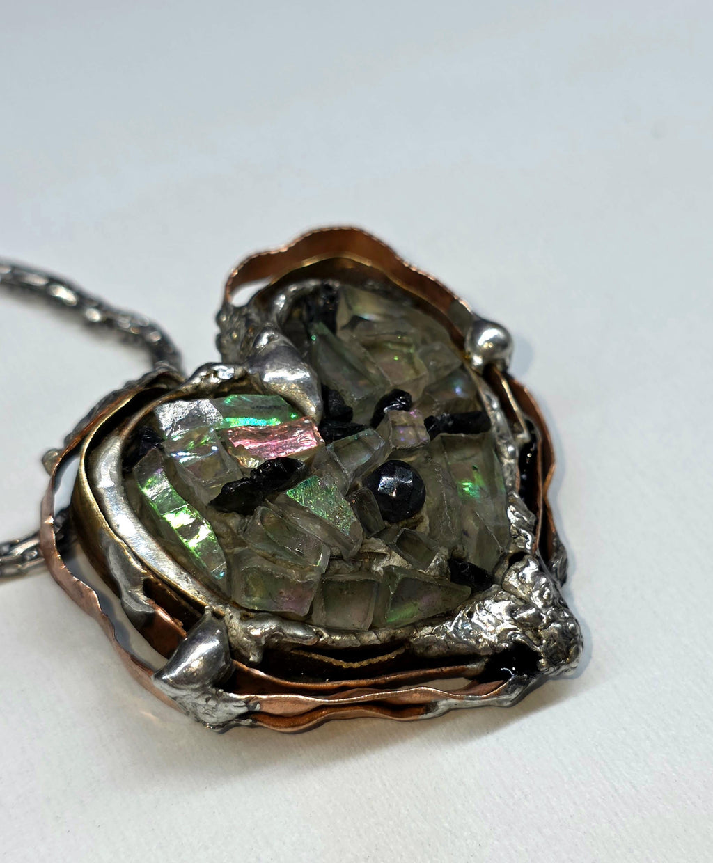 After the Shatter – UNBROKEN Heart Necklace, Handcrafted Mixed Metal Pendant with Hematite, Shattered Glass Texture, Survivor Jewelry
