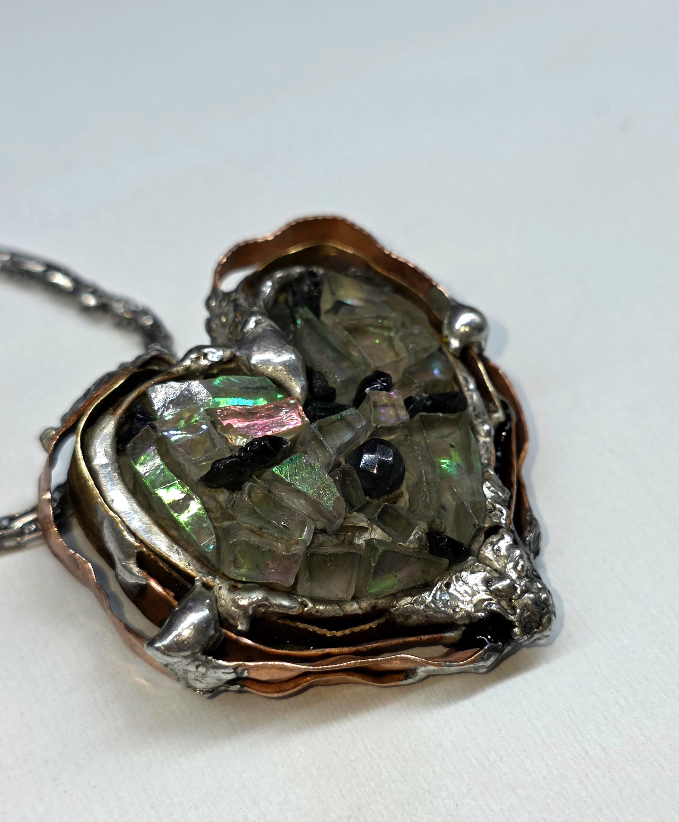 After the Shatter – UNBROKEN Heart Necklace, Handcrafted Mixed Metal Pendant with Hematite, Shattered Glass Texture, Survivor Jewelry