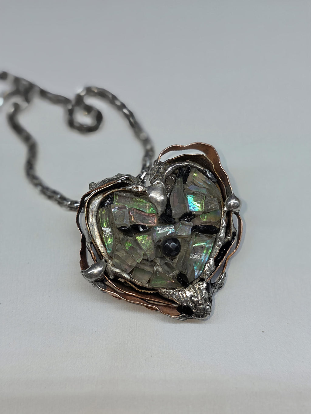 After the Shatter – UNBROKEN Heart Necklace, Handcrafted Mixed Metal Pendant with Hematite, Shattered Glass Texture, Survivor Jewelry