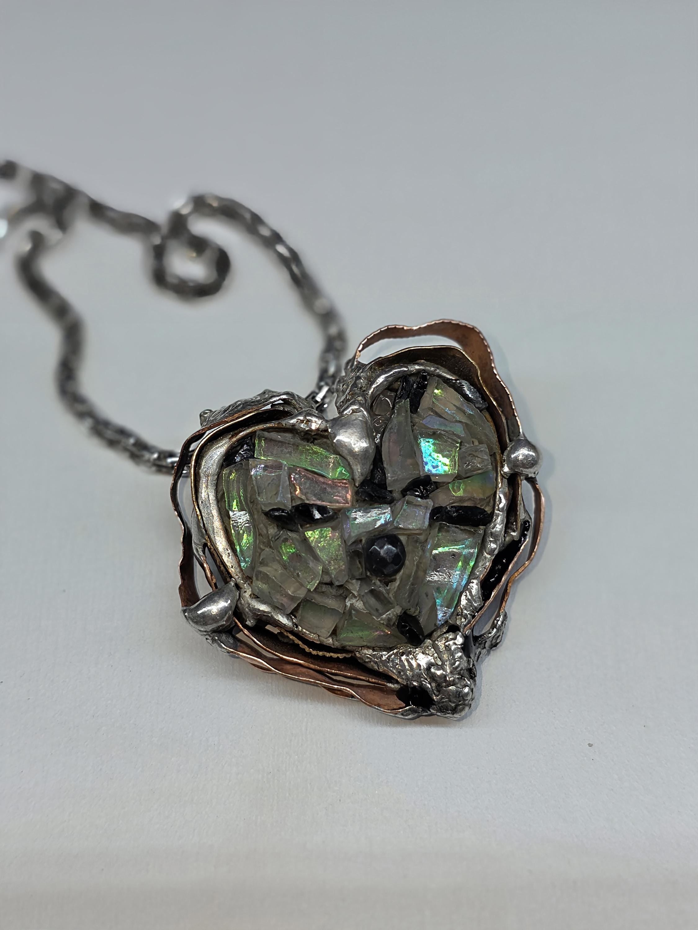 After the Shatter – UNBROKEN Heart Necklace, Handcrafted Mixed Metal Pendant with Hematite, Shattered Glass Texture, Survivor Jewelry