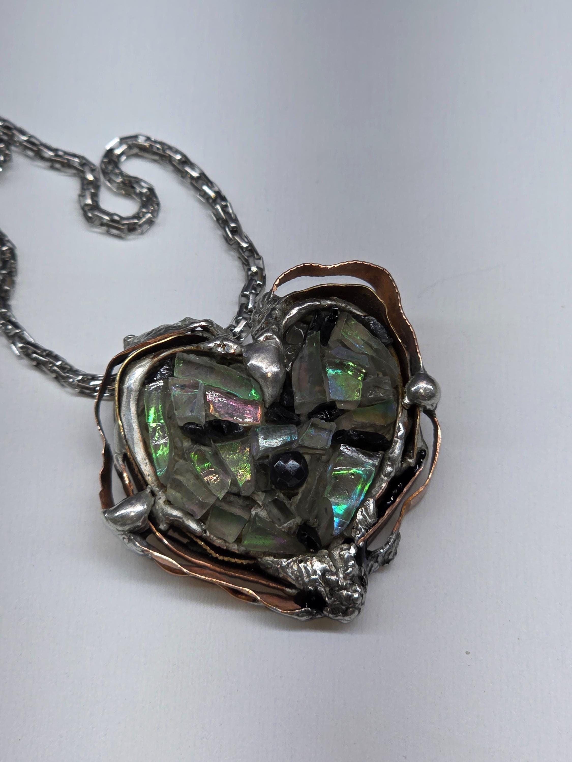 After the Shatter – UNBROKEN Heart Necklace, Handcrafted Mixed Metal Pendant with Hematite, Shattered Glass Texture, Survivor Jewelry