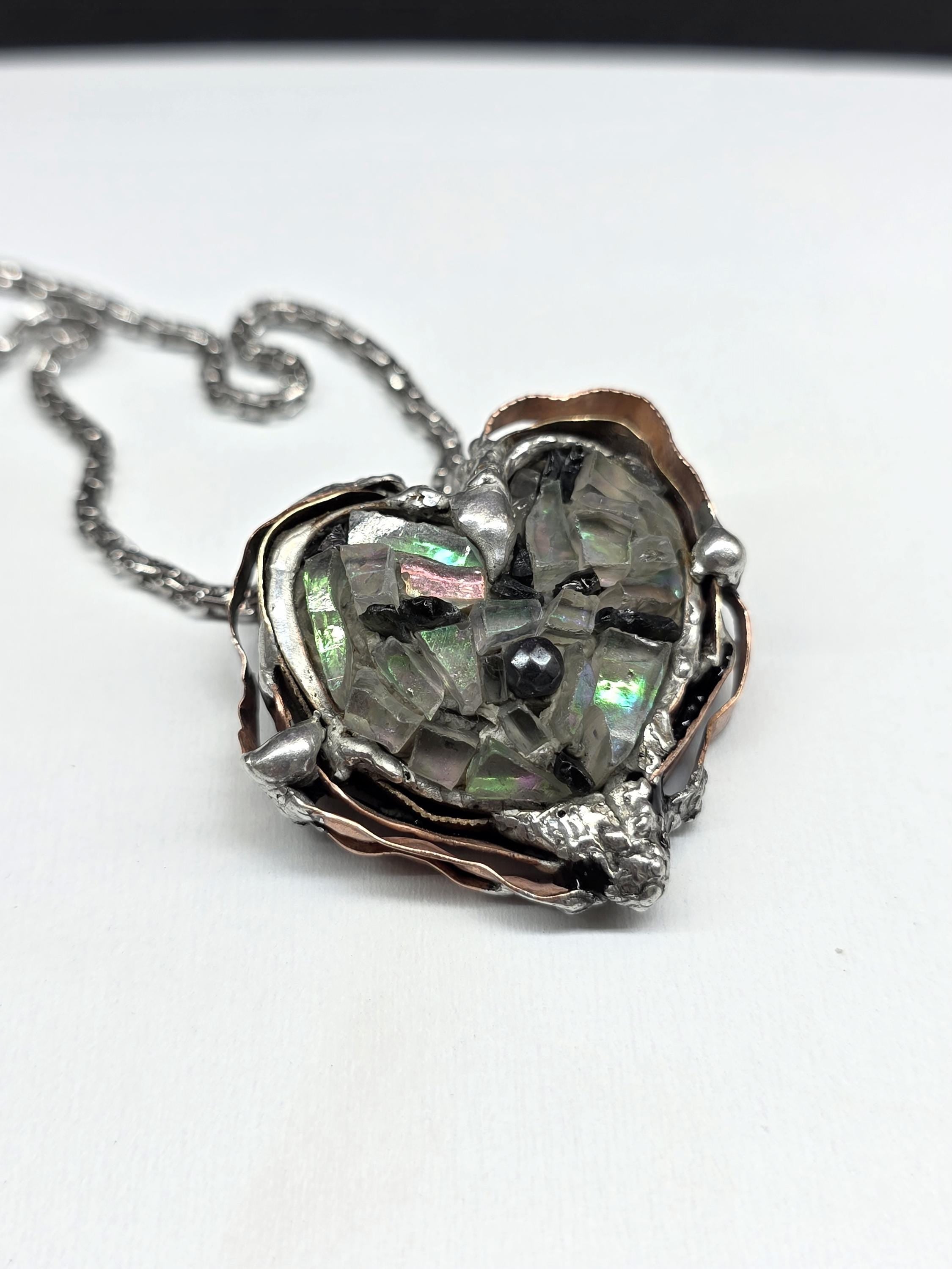 After the Shatter – UNBROKEN Heart Necklace, Handcrafted Mixed Metal Pendant with Hematite, Shattered Glass Texture, Survivor Jewelry