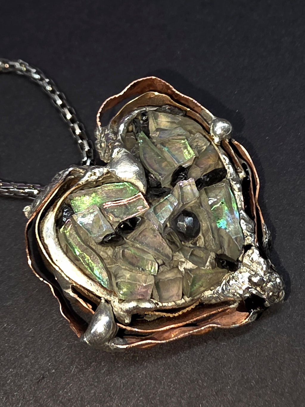 After the Shatter – UNBROKEN Heart Necklace, Handcrafted Mixed Metal Pendant with Hematite, Shattered Glass Texture, Survivor Jewelry