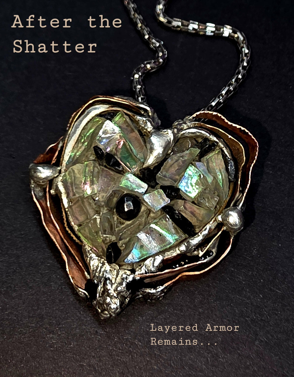 After the Shatter – UNBROKEN Heart Necklace, Handcrafted Mixed Metal Pendant with Hematite, Shattered Glass Texture, Survivor Jewelry