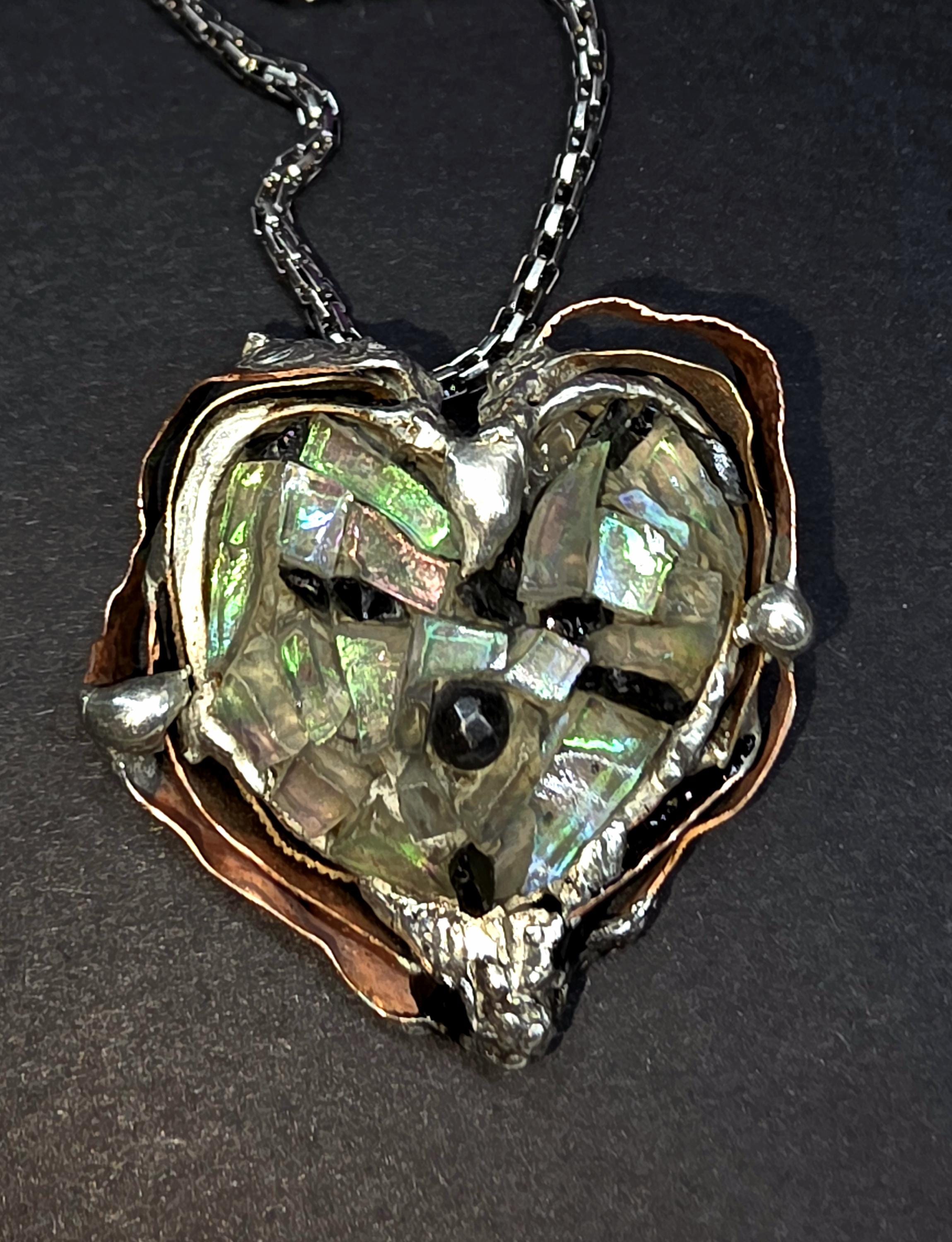 After the Shatter – UNBROKEN Heart Necklace, Handcrafted Mixed Metal Pendant with Hematite, Shattered Glass Texture, Survivor Jewelry