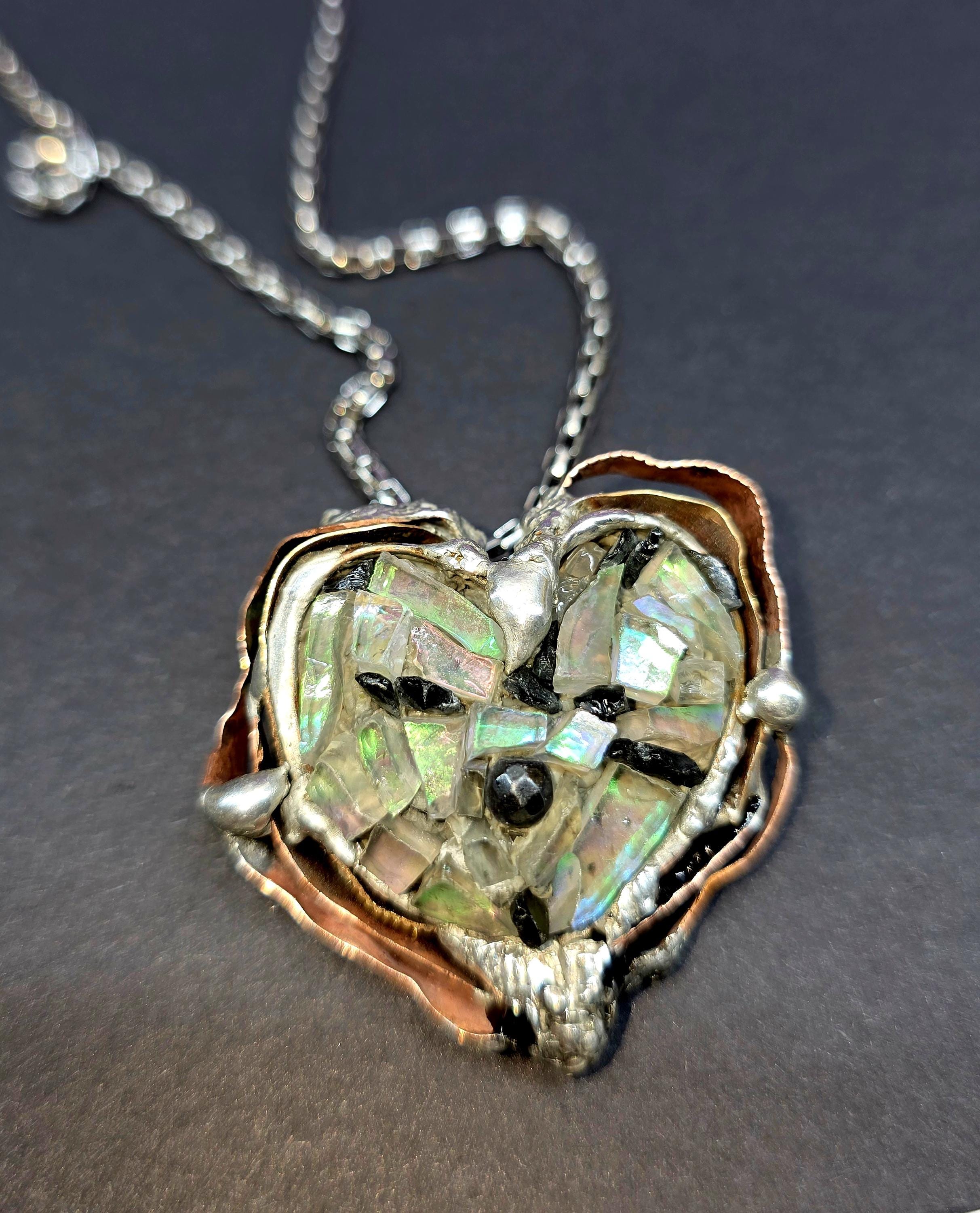 After the Shatter – UNBROKEN Heart Necklace, Handcrafted Mixed Metal Pendant with Hematite, Shattered Glass Texture, Survivor Jewelry