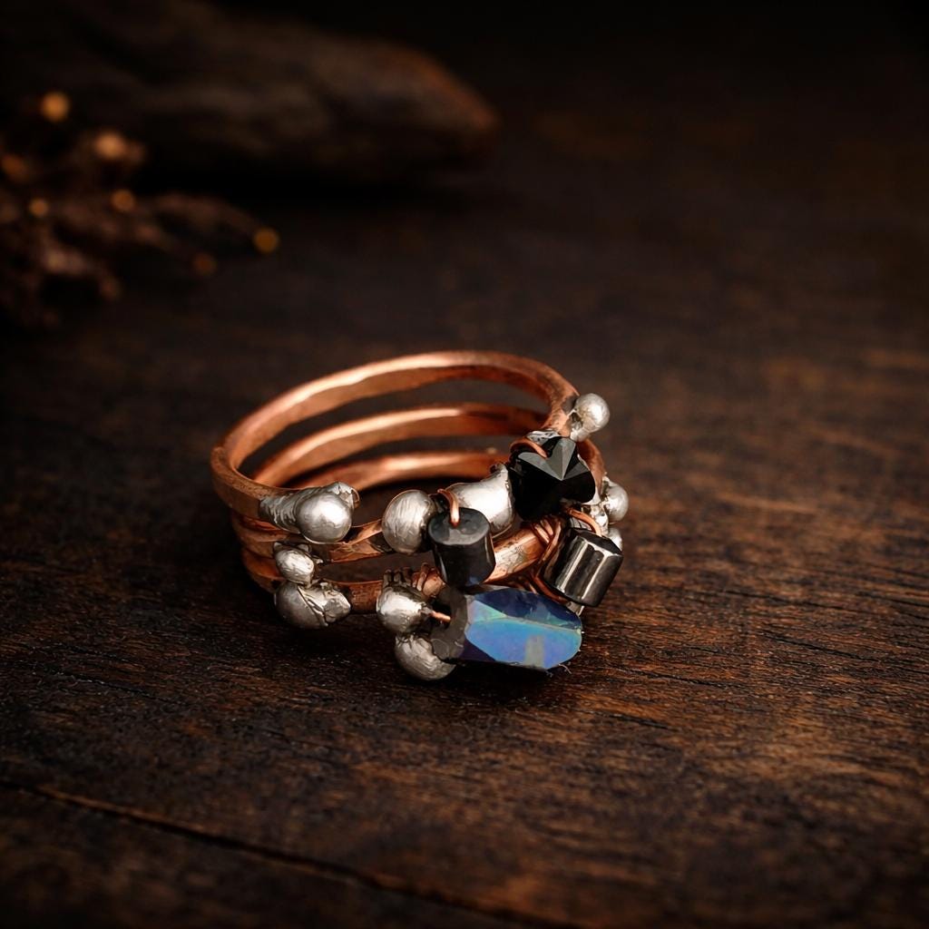 After the Hit Ring – UNBROKEN Handcrafted Copper Ring with Black Hematite, Survivor Statement Jewelry, Rustic Hammered