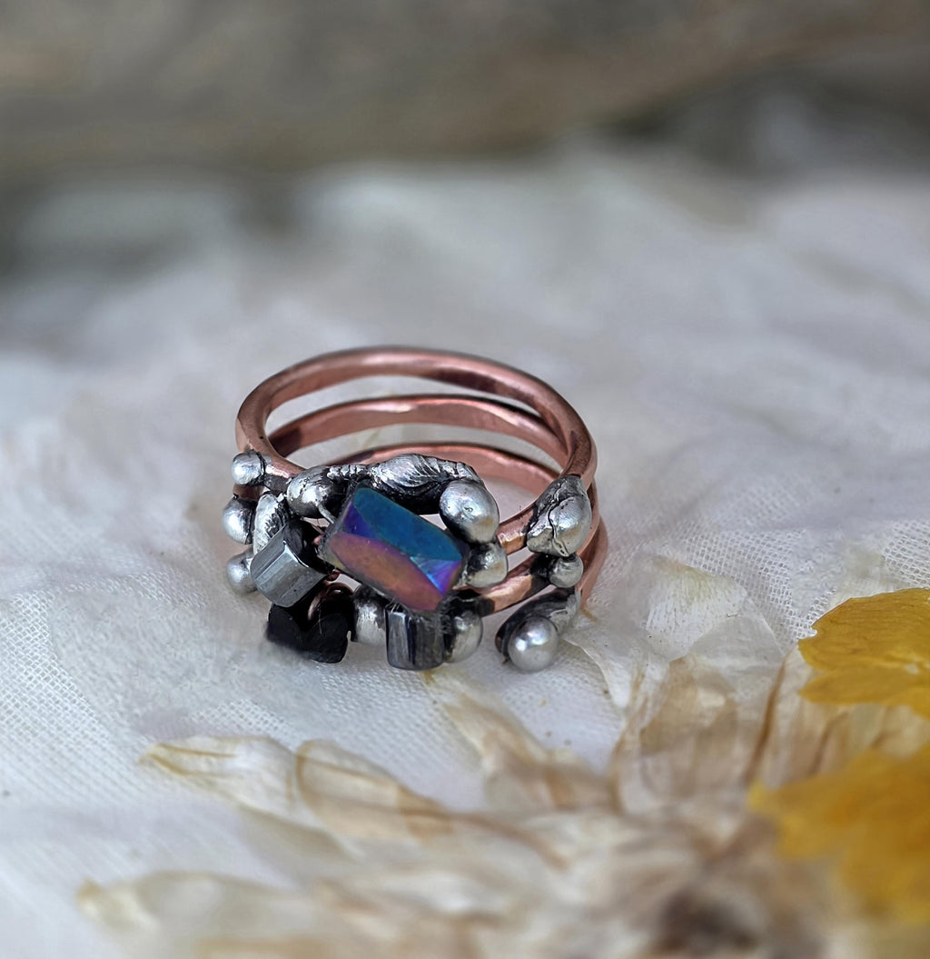 After the Hit Ring – UNBROKEN Handcrafted Copper Ring with Black Hematite, Survivor Statement Jewelry, Rustic Hammered