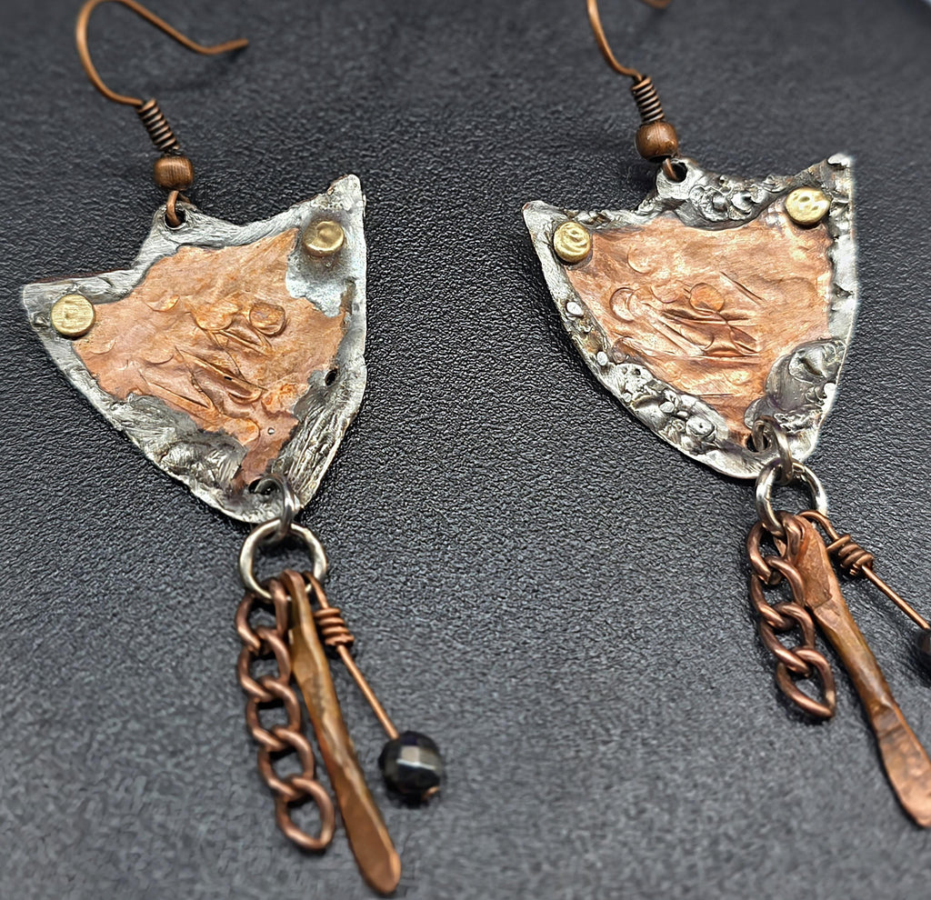 Shielded Chained Earrings – UNBROKEN Hammered Copper Shield Dangles with Chain & Hematite, Rustic Boho Warrior Earrings, Statement Jewelry