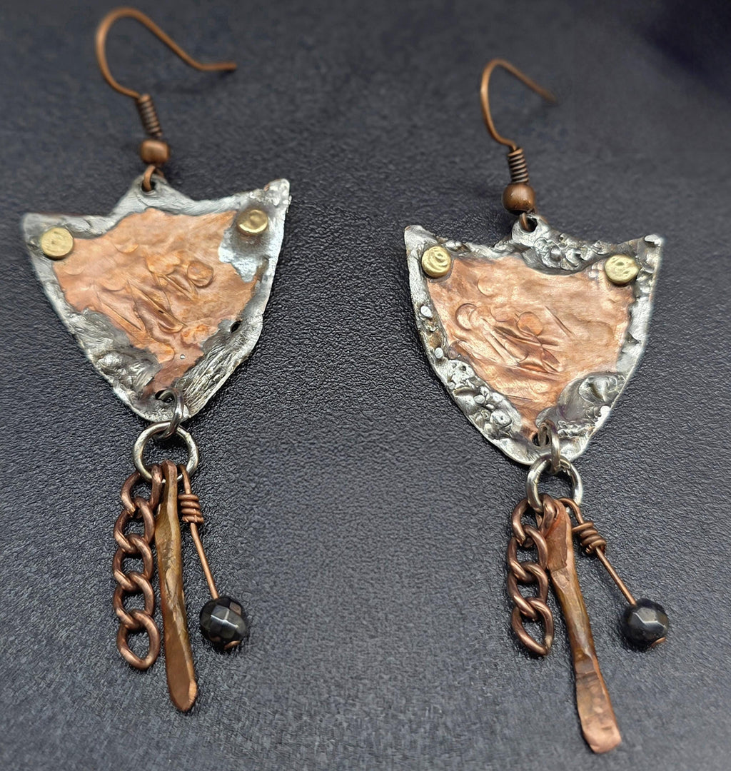 Shielded Chained Earrings – UNBROKEN Hammered Copper Shield Dangles with Chain & Hematite, Rustic Boho Warrior Earrings, Statement Jewelry