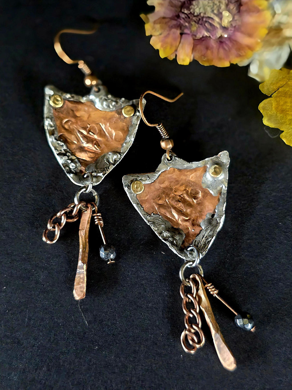 Shielded Chained Earrings – UNBROKEN Hammered Copper Shield Dangles with Chain & Hematite, Rustic Boho Warrior Earrings, Statement Jewelry