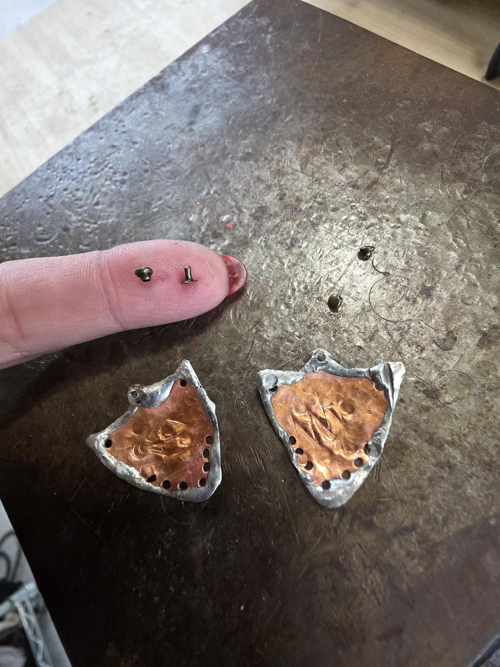 Shielded Chained Earrings – UNBROKEN Hammered Copper Shield Dangles with Chain & Hematite, Rustic Boho Warrior Earrings, Statement Jewelry