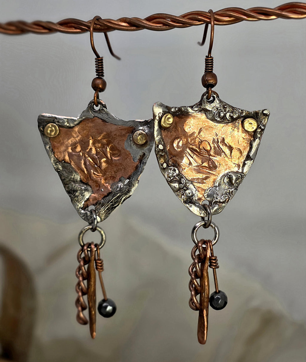 Shielded Chained Earrings – UNBROKEN Hammered Copper Shield Dangles with Chain & Hematite, Rustic Boho Warrior Earrings, Statement Jewelry