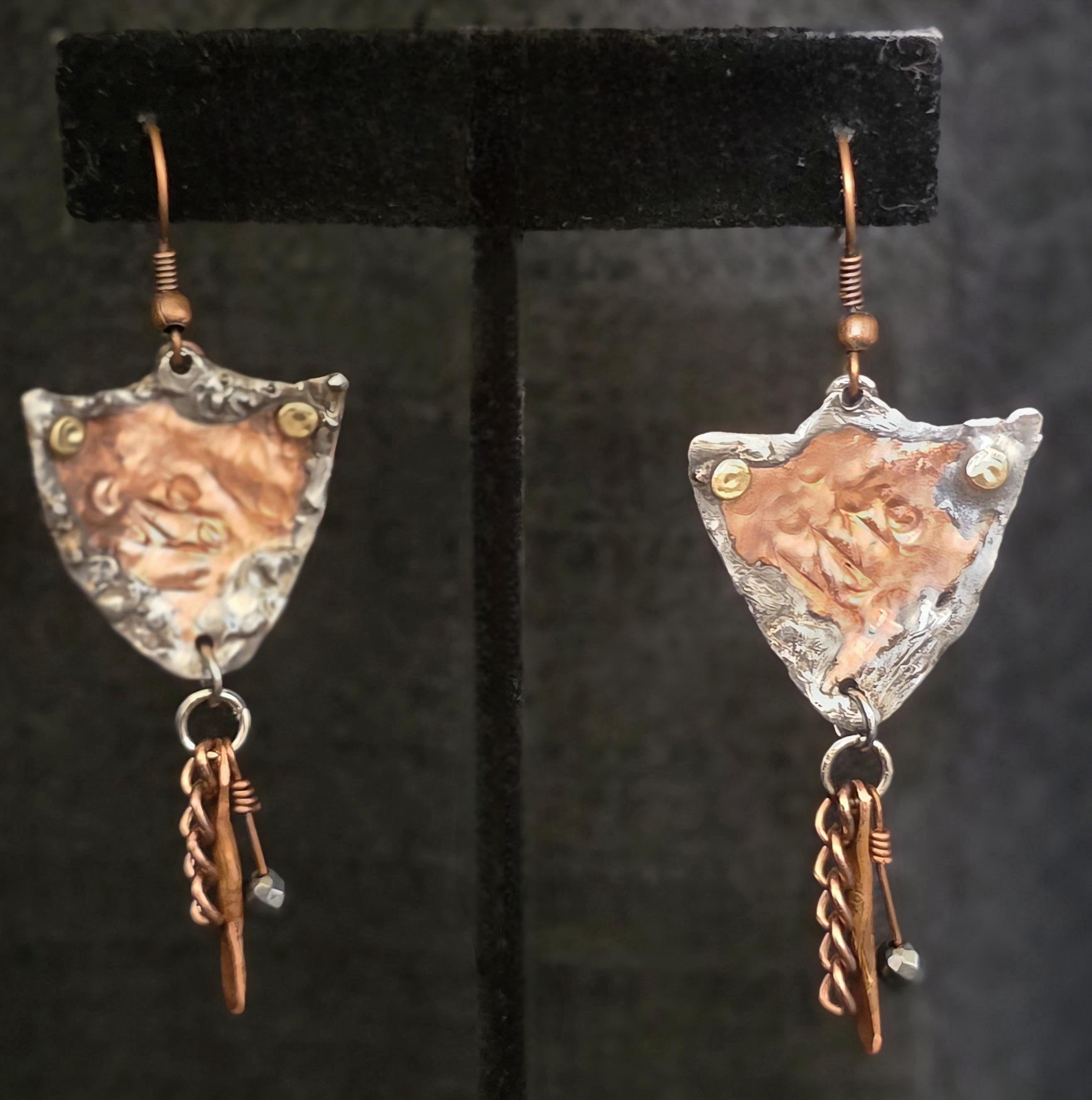 Shielded Chained Earrings – UNBROKEN Hammered Copper Shield Dangles with Chain & Hematite, Rustic Boho Warrior Earrings, Statement Jewelry