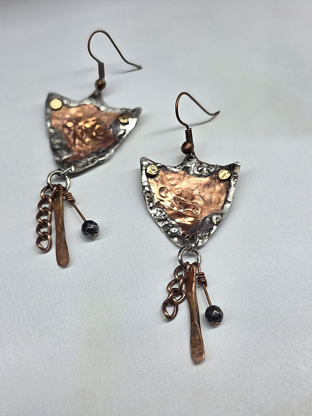 Shielded Chained Earrings – UNBROKEN Hammered Copper Shield Dangles with Chain & Hematite, Rustic Boho Warrior Earrings, Statement Jewelry