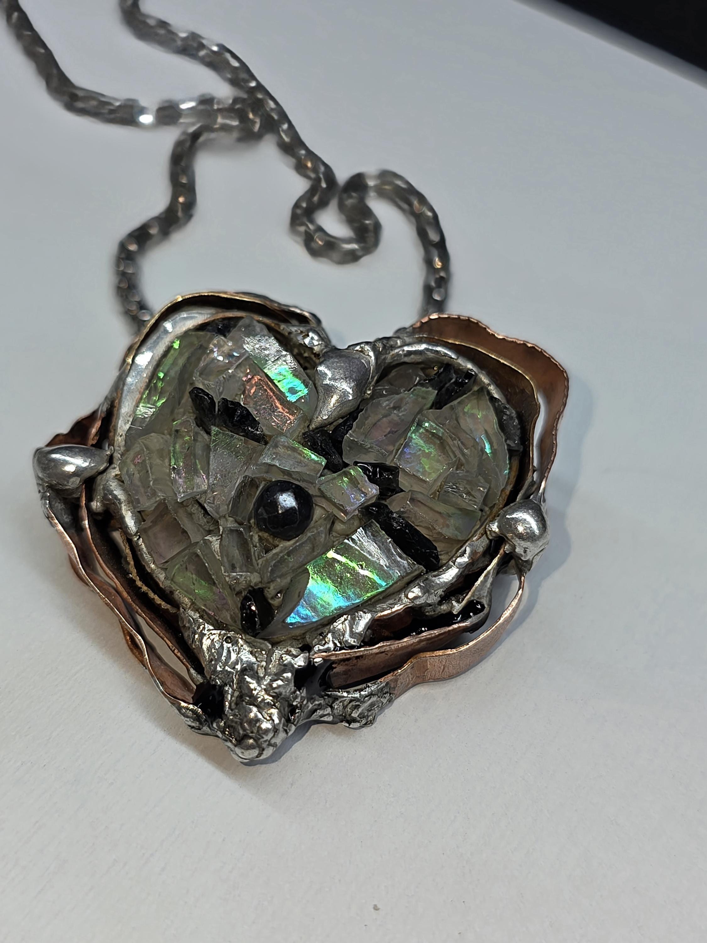 After the Shatter – UNBROKEN Heart Necklace, Handcrafted Mixed Metal Pendant with Hematite, Shattered Glass Texture, Survivor Jewelry